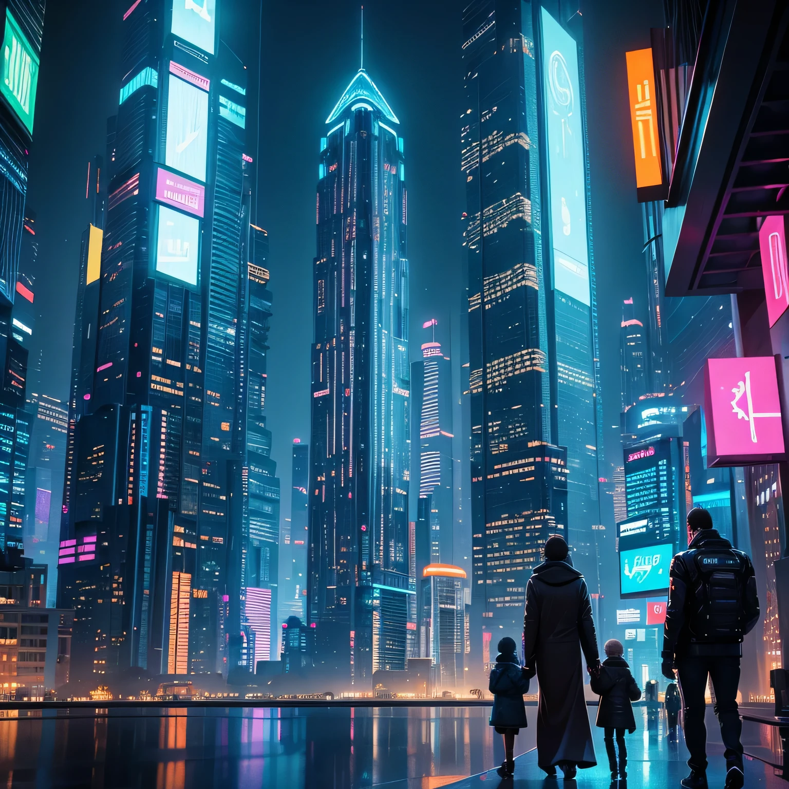In the heart of a cybercity, bathed in the pulsating neon lights of a metropolis stretched into the horizon, a family strolls through the vibrant, 3D-rendered urban landscape. With ultra-detailed buildings adorned with sleek, transparent glass facades and glowing, neon-lit skyscrapers, the cityscape is a marvel of modern architecture and shimmering, metallic textures. The father, the mother, and their son are dwarfed by the towering structures, yet the warmth of their presence is illuminated against the chilly, technological atmosphere.

The artificial intelligence that governs this smart city hums softly beneath the surface,