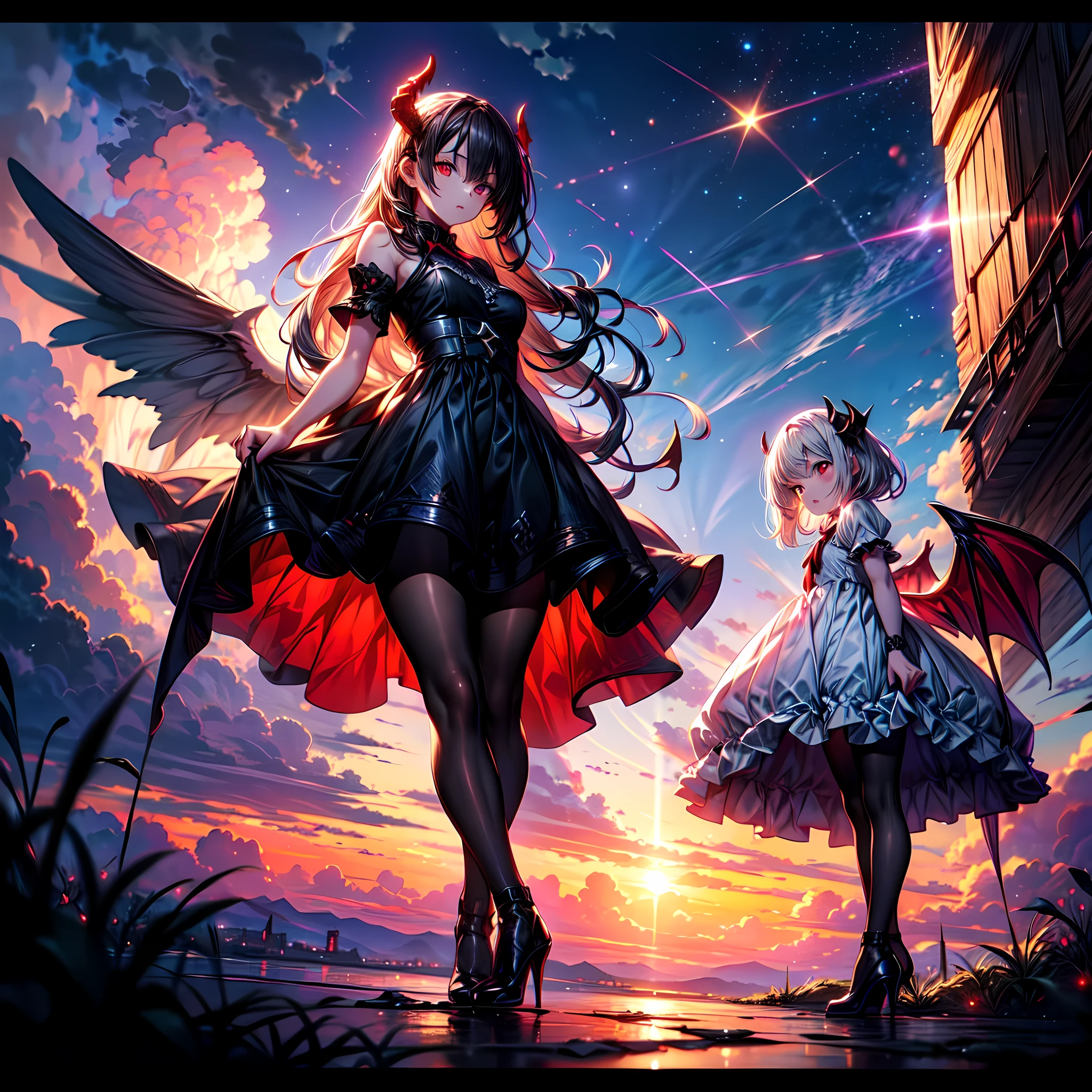 (highest quality, masterpiece, High resolution), 16K, fantasy art, RPG art a picture of (((2 women))), BREAK a (1female angel: 1.3) , wearing dress, pale skin, best details beautiful face , (blond: 1.2) hair, long hair wavy hair (blue: 1.1) eyes, high heeled boots, wearing a dress, large angelic wings, (white: 1.2) angelic wings spread BREAK ((AND)) a (1female demon: 1.3), (red: 1.2) skin, demonic wings, (black: 1.1) demonic wings spread, demonic horns, (red: 1.1) skin, black hair, red eyes, best details beautiful face, wearing a dress, high heels, in the border between heaven and hell, moon, stars, clouds, god rays, soft natural light silhouette, dynamic angle, photorealism, panoramic view (Masterpiece 1.3, intense details) , Wide-Angle, Ultra-Wide, xcdd