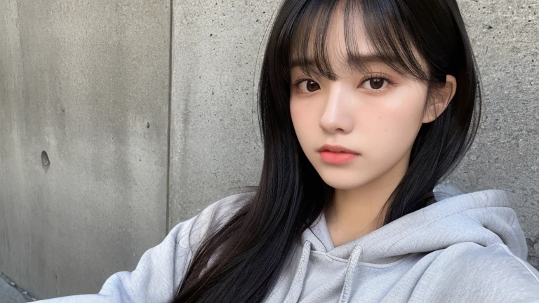 (highest quality、16K resolution)1 girl、solo、Natural soft light、、Japanese women、Looking into the camera、Concrete Background、Look forward、standing、Beaver、Female in her late teens、Light bangs、Long Hair、Black Hair,Natural look、Portrait、Oversized grey hoodie