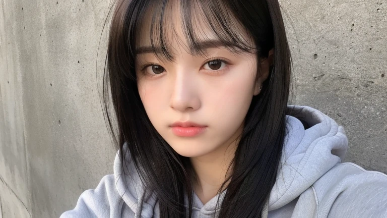 (highest quality、16K resolution)1 girl、solo、Natural soft light、、Japanese women、Looking into the camera、Concrete Background、Look forward、standing、Beaver、Female in her late teens、Light bangs、Long Hair、Black Hair,Natural look、Portrait、Oversized grey hoodie