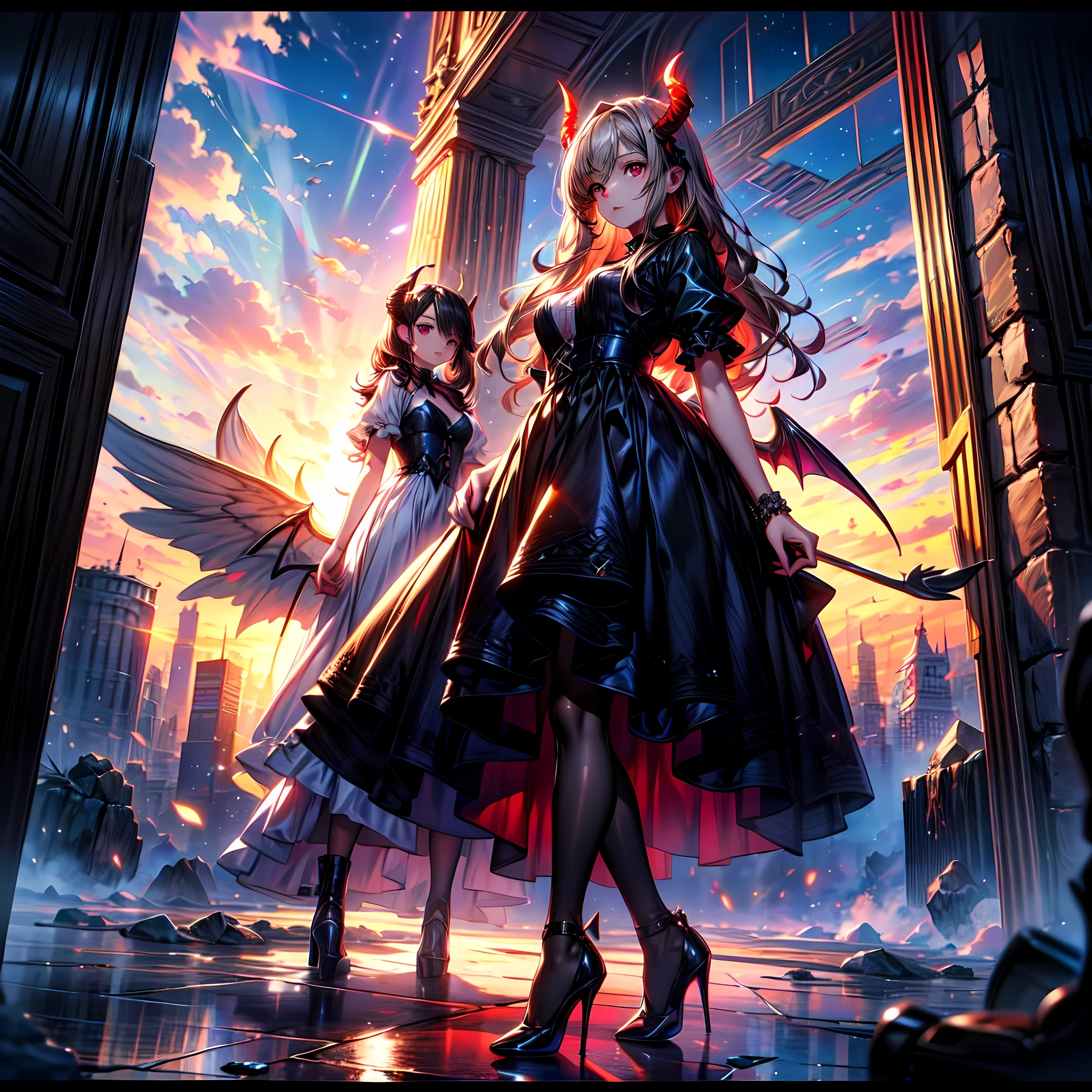 (highest quality, masterpiece, High resolution), 16K, fantasy art, RPG art a picture of (((2 women))), BREAK a (1female angel: 1.3) , wearing dress, pale skin, best details beautiful face , (blond: 1.2) hair, long hair wavy hair (blue: 1.1) eyes, high heeled boots, wearing a dress, large angelic wings, (white: 1.2) angelic wings spread BREAK ((AND)) a (1female demon: 1.3), (red: 1.2) skin, demonic wings, (black: 1.1) demonic wings spread, demonic horns, (red: 1.1) skin, black hair, red eyes, best details beautiful face, wearing a dress, high heels, in the border between heaven and hell, moon, stars, clouds, god rays, soft natural light silhouette, dynamic angle, photorealism, panoramic view (Masterpiece 1.3, intense details) , Wide-Angle, Ultra-Wide, xcdd