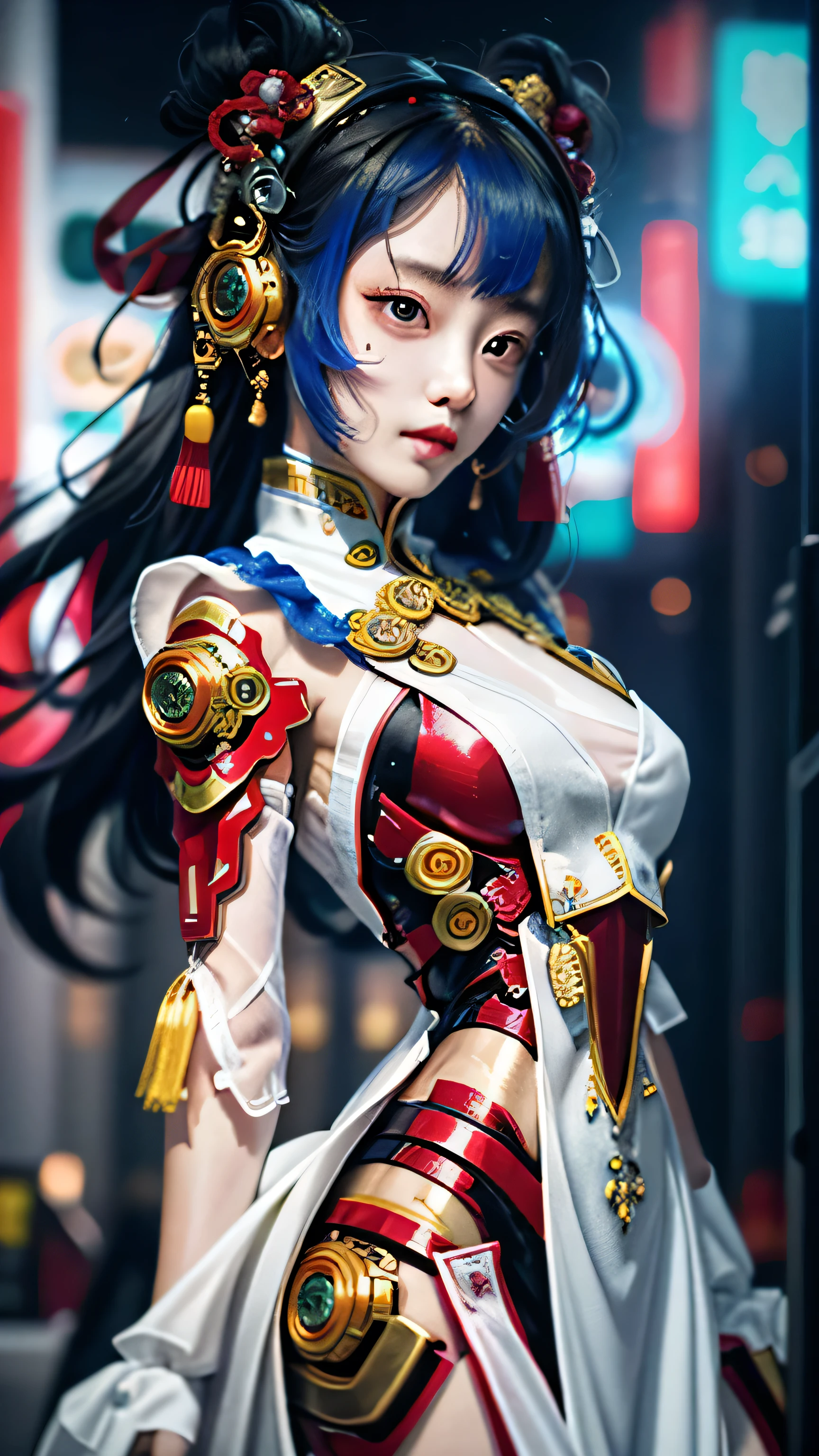 A girl, whole body, Clear facial features, Stunning facial features, beautiful eyes, Chinese Clothing, Chinese Cyberpunk, Cyberpunk City Headdress, Hair accessories, Super complex design, Mechanical Mecha, technology, stunning lighting, C4D, oc rendering, Film Rim Light, Fine light, masterpiece, Super Detail, Epic creation, Ultra HD, high quality, 32k