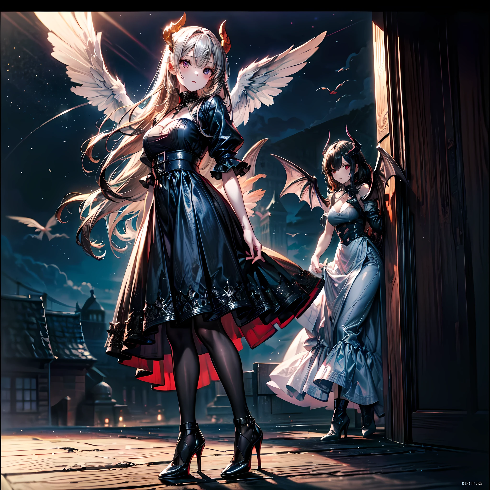 (highest quality, masterpiece, High resolution), 16K, fantasy art, RPG art a picture of (((2 women))), BREAK a (1female angel: 1.3) , wearing dress, pale skin, best details beautiful face , (blond: 1.2) hair, long hair wavy hair (blue: 1.1) eyes, high heeled boots, wearing a dress, large angelic wings, (white: 1.2) angelic wings spread BREAK ((AND)) a (1female demon: 1.3), (red: 1.2) skin, demonic wings, (black: 1.1) demonic wings spread, demonic horns, (red: 1.1) skin, black hair, red eyes, best details beautiful face, wearing a dress, high heels, in the border between heaven and hell, moon, stars, clouds, god rays, soft natural light silhouette, dynamic angle, photorealism, panoramic view (Masterpiece 1.3, intense details) , Wide-Angle, Ultra-Wide