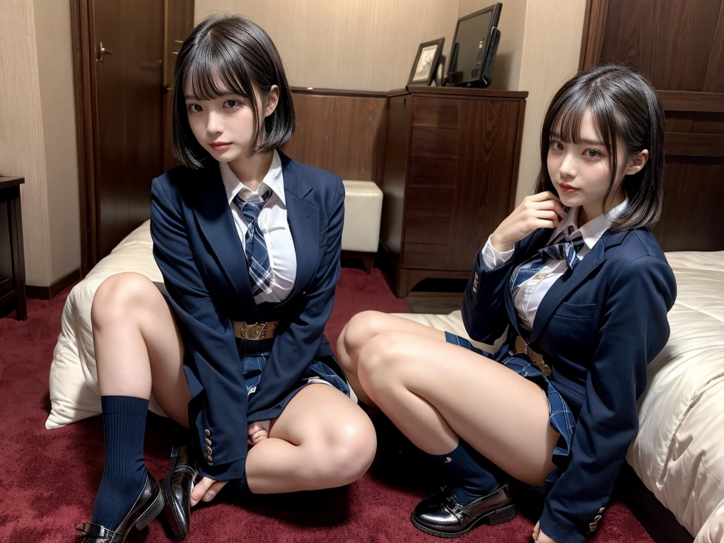 muster piece, best quality, illustration, Super detailed, fine details, High resolution, 8K,wall paper, perfect dynamic composition,(Details High quality, realistic depiction of eyes:1.3), ((2 girls, 2 schoolgirls)), The background is a luxury hotel room、High school girl uniform、blazer 、Super Short Check Uniform Skirt、Navy blue high socks、garterbelts、Colossal 、Disturbed uniform, Play with each other,Touching each other's bodies,Touching the body of the girl next door, short bob hair, black hair color, huge breag Natural Color Lip, bold sexy pose, rfect body shape), crying a little、cold gaze, Harajuku style、Beautiful makeup,glitter makeup,Cutest 18 years old, beautiful legs, hposing Gravure Idol, Voluptuous thighs