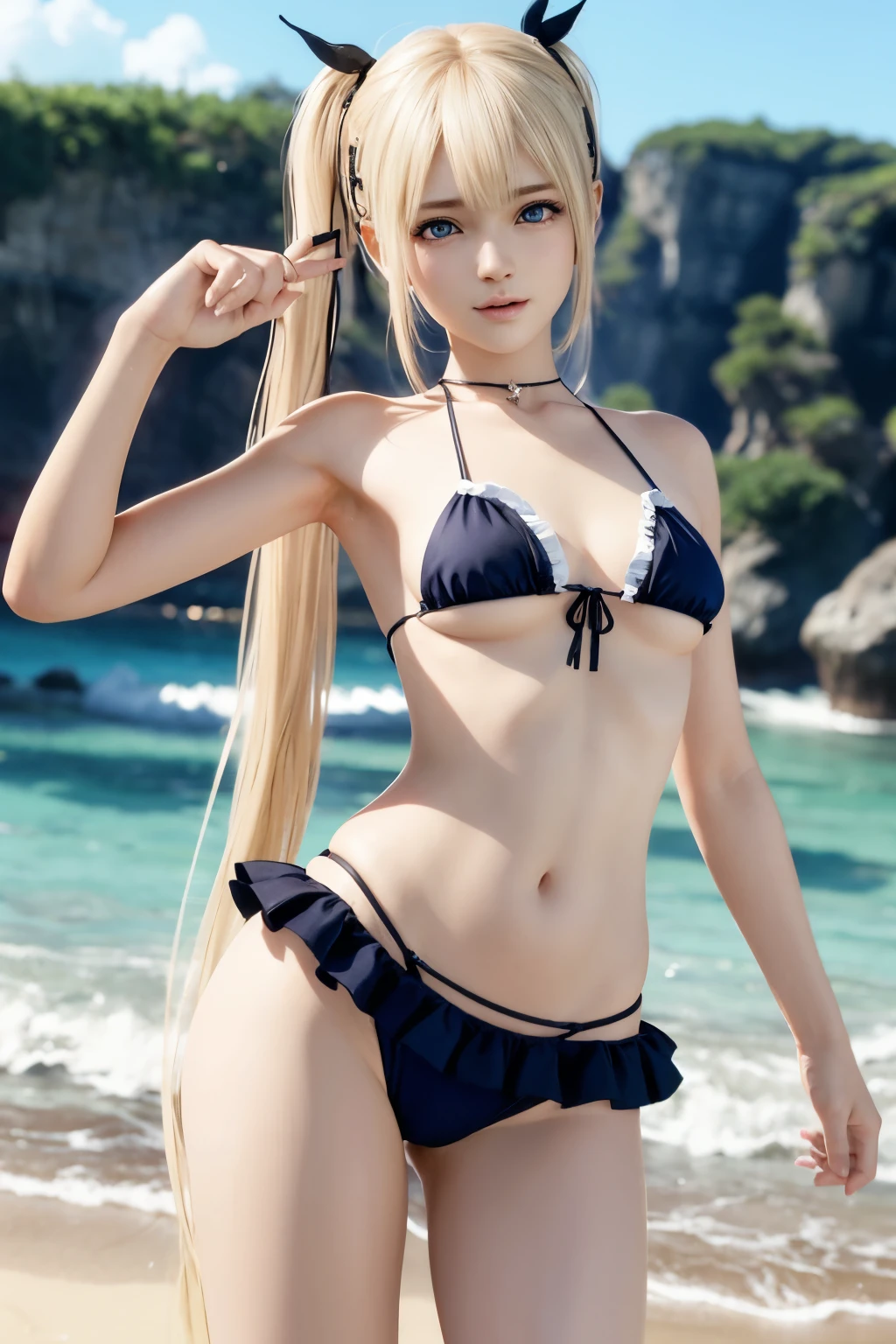 (Marie Rose with a very young face), ツインテールの髪と髪に花をつけたanimeの女の子, (Bikini too small), Spectacular sandy beach、photorealistic anime girl render, photorealistic anime, hyper realistic anime, Pussy Line、Underboob:1.3,anime. Soft lighting, Soft Portrait Shot 8k, realistic anime art style, 3 d anime realistic, 8K Art Jam Bokeh, anime realism style, Cute realistic portrait, beautiful anime portrait、very thin body、Very short、