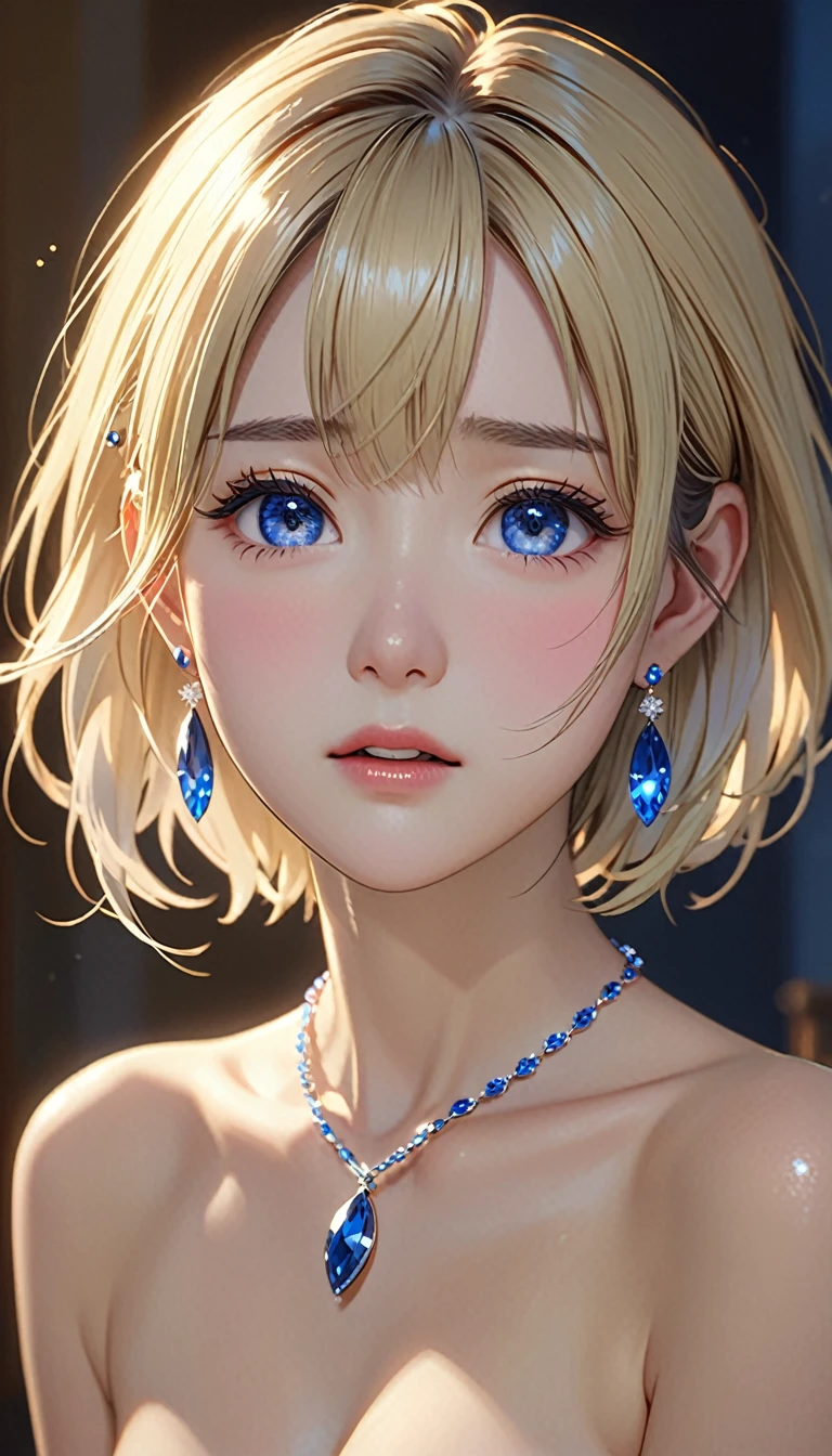 National Science Foundation,masterpiece,High resolution,8K,Art,digit,Three-dimensional,Realism,Kyoto Animation Style,Your name style,looking into camera,Soft Light,Glowing skin,(Medium breasts:1.2),(1 female: 1.3),(alone: 1.4),(((blonde))),(Naked upper body),(Sapphire hairpin),(Small,sapphire necklace),(Small,sapphire earrings),Long eyelashes,Slender legs,Short Bob,Close-up of upper body,Close-up,(Eyes that sparkle like sapphires),(open mouth),(blush),(shy),(lovely and delicate),(Pitiful),(cry),(pain),(shed tears),(((sadness)))