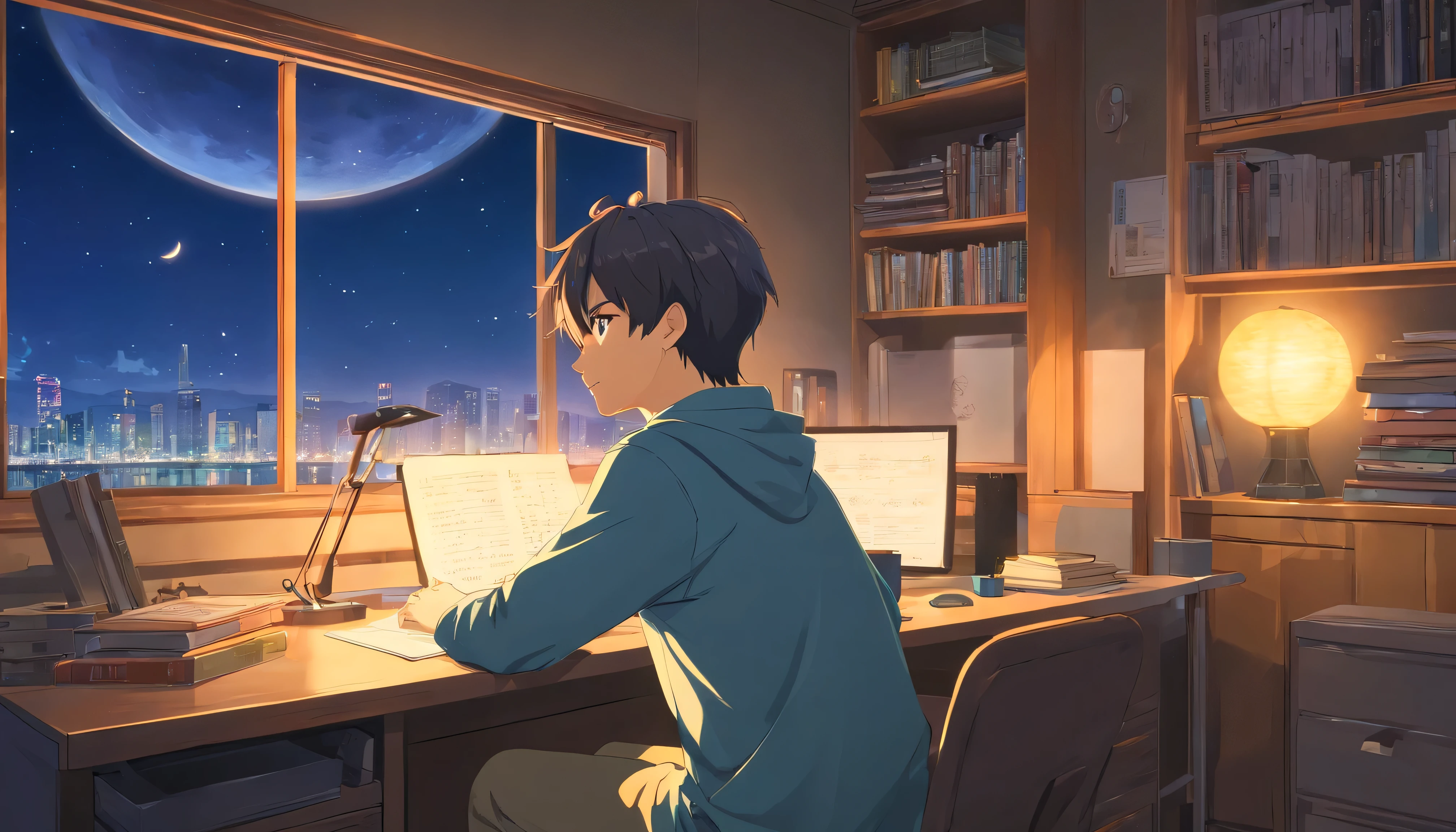 (masterpiece) Male (male) Sit in a room and study, On his desk, Put on your headphones, Geek Decor, Video games on the wall, Poster, Window with moon and stars, Calm, peaceful, thought, Cinematic, Color Grading, Beautifully color-coded,