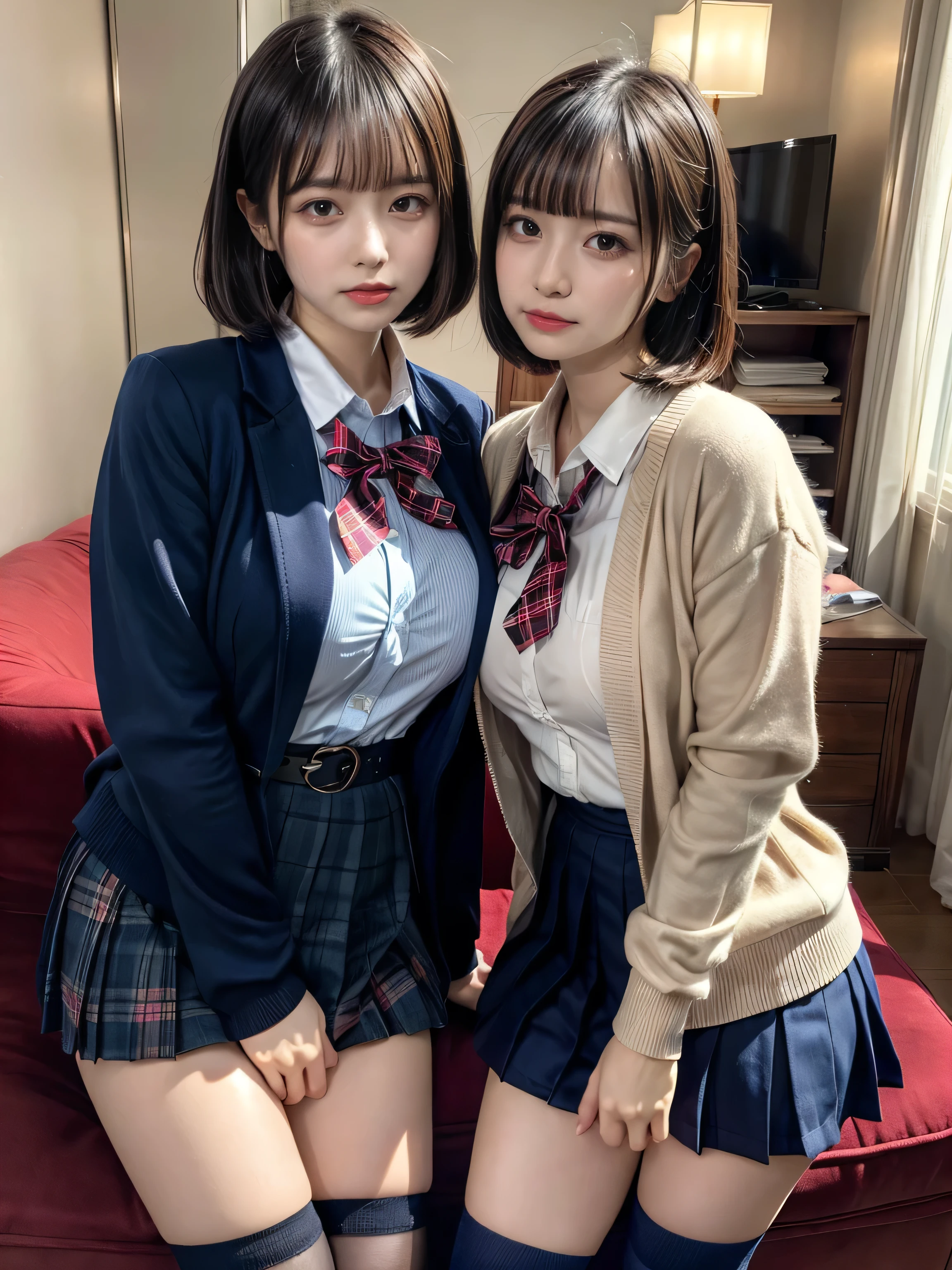 (8K, Raw photography, top-quality, masterpiece:1.2), muster piece, best quality, illustration, Super detailed, fine details, High resolution, 8K,wall paper, perfect dynamic composition,(Details High quality, realistic depiction of eyes:1.3), ((2 girls, 2 schoolgirls)), The background is a luxury hotel room、High school girl uniform、blazer 、Super Short Check Uniform Skirt、Navy blue high socks、garterbelts、Colossal tits、Disturbed uniform, Play with each other,Touching each other's bodies,Touching the body of the girl next door, short bob hair, black hair color, huge breasts, Big Natural Color Lip, bold sexy pose, (perfect body shape), crying a little、cold gaze, Harajuku style、Beautiful makeup,glitter makeup,Cutest 18 years old、 beautiful legs, hposing Gravure Idol, Voluptuous thighs