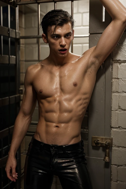 a shirtless skinny young man in wet leather pants screams while locked up inside cage jail cells