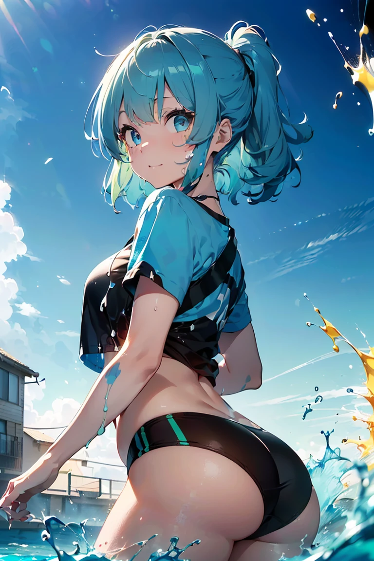 (((Beach))), Sandy Beach, Ocean Blue Sea,island, Tropical, (((Blue pastel hair))), ((Blue T-shirt)), Belly button exposed, morning sky, Anime Girls,(Sexy ass), peace sign,Grinning face, (Big Breasts:1.2),((Upward glance:1.3, Perfect Eyes , レインボーは超detailedなGradient Eyeを輝かせます:1.1, Gradient Eye:1, Beautiful detailed eyes:1, Symmetrical eyes:1, Big Eye Highlights:1.2)), (Open your mouth), teeth, (White skin: 1.5, Sunburned skin, very White skin, Bright body, psychedelic art style, Neon Color Theme, (masterpiece), (Complex), 8k, highest quality, (Visual Strength: 1.5),

(liquid paint hair:1.1) ,(Neon colored hair), ((I drew、Defying Gravity,A thick current),(Paint splashes:1.3), (Shiny Hair: 1.3), (Bright colors), Embarrassing,Centered, Colorful Themes, Splash paint play, Beautiful light, Colorful light particles,High contrast in clothing, Color Splash, Complex detailed,  Exposure Blending, High resolution, more_detailed:0.5,