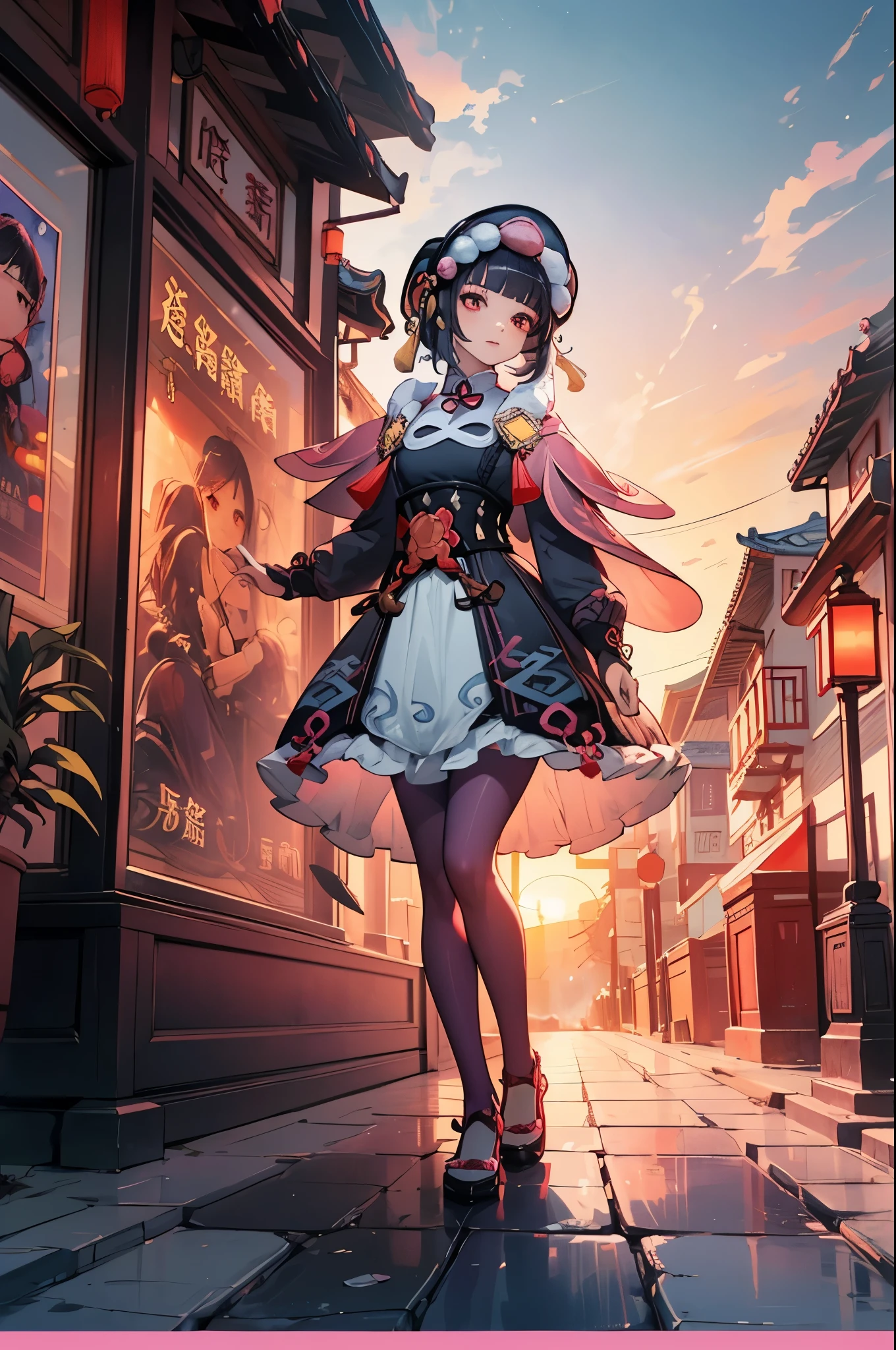 1 girl solo, dark purple hair, red eyes, blue and pink details on hat, pink cape, black and white dress, outside, sunset, dramatic light, cinematic shot, movie poster, ((fullbody)), old chinese town, chinese houses