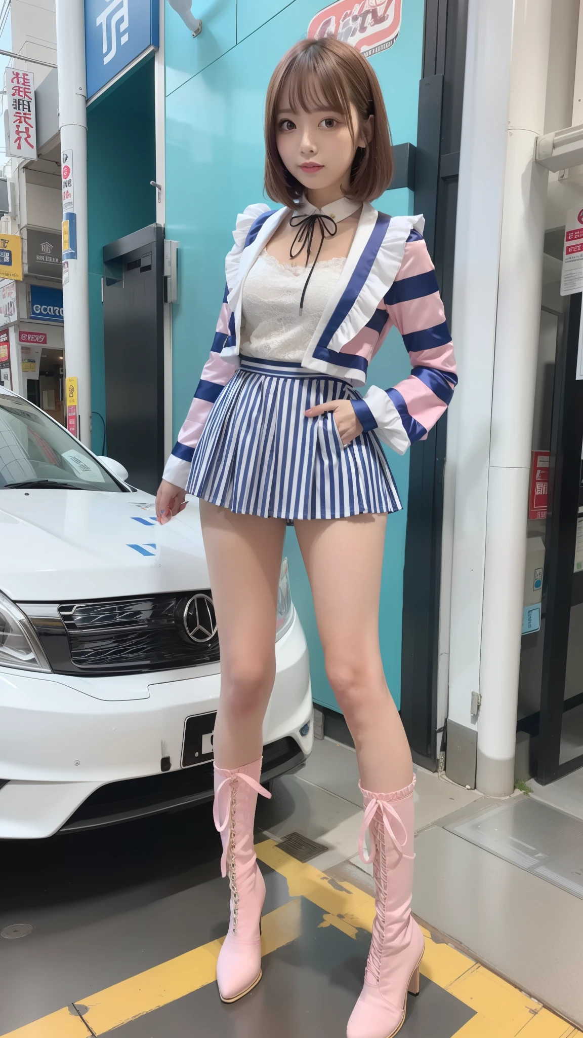 Costume like a idol, blue and white half sleeve Jacket, pink satin ruffled blouse, White and pink stripe pleated skirt, white lace up boots