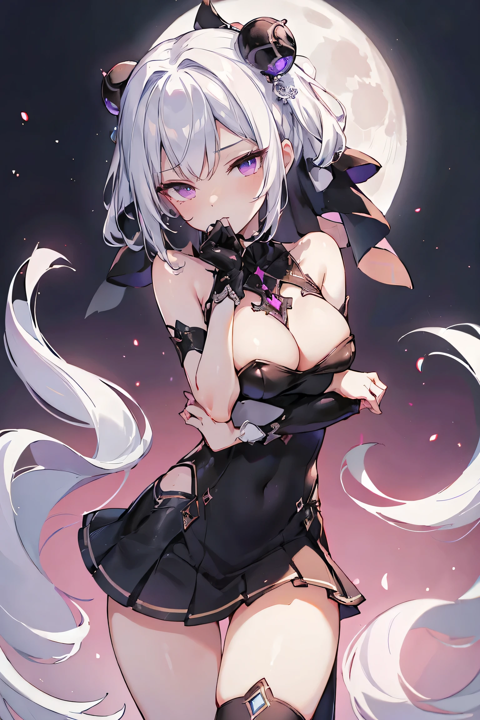 1girl, anime, cute girl, blank background, white background, fantasy, detailed fantasy dress with highlights, beautiful face, beautiful eyes, dark colors, black hair with multicolor streaks, red eye with different color pupil in eye, multicolor eye, medium breasts, slight cleavage, beautiful skin, cute, breast curtains, extremely delicate and beautiful, (beautiful detailed face:1.0), (detailed deep eyes), symmetrical breasts, deep eyes, shiny skin, portrait, slender waist, hips wider than shoulders, thighs, expressionless, young girl, luminous eyes, adorable,(Kpop idol),(aegyo sal:1),(Platinum blonde hair:1),((puffy eye)),Black panty,sexy posture,Superskirt, Ultra-high resolution,Black collar,slim figure, Abdominal y tattoo, womb tattoo,Tight-fitting leg ring,y tattoo on half-body,Bare skin, Armored hand,Hidden fingertips,Hand covered,Arm covered,Fist covered,{{beautiful detailed fingers}}, tufts of hair, moderate beautiful breast:1.0,(masterpiece:1.2), best quality, high-res, HDR, perfect face, intricate armor, delicate blue filigree, intricate filigree, red metalic parts, detailed part, dynamic pose, dynamic lights, cute face, neutral expression, shuimobysim, lotus, hanfu, maxi skirt, dress conservatively 1girl, solo, long blue hair, standing, One lady,14years,((White hair) ,((Normal breasts)), (Shiny purple bodysuit with microskirt),((Fantasy, Moon Night))
