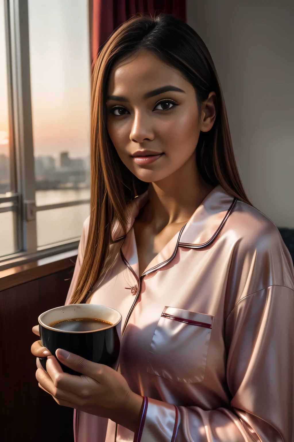 RAW photo, a super beautiful woman wearing her pajamas, holding a cup of coffee while staring at the sunrise, raw photo, raw, cinematic, photorealistic, soft lighting, glossy, glossy skin, clear eyes, sharp eyes, radiant skin, realistic skin, hyper realistic, hyper realistic skin, realistic eyes