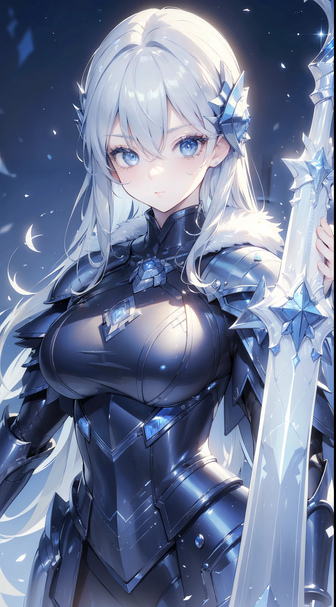 (masterpiece:1.5) (bestquality) highlydetailed, ultra-detailed, (blue skin), (no pupils), (half mechanical armor), (electricity), (giant ice sword),  fur coat, ultra detailed face, long eyelashes, 
