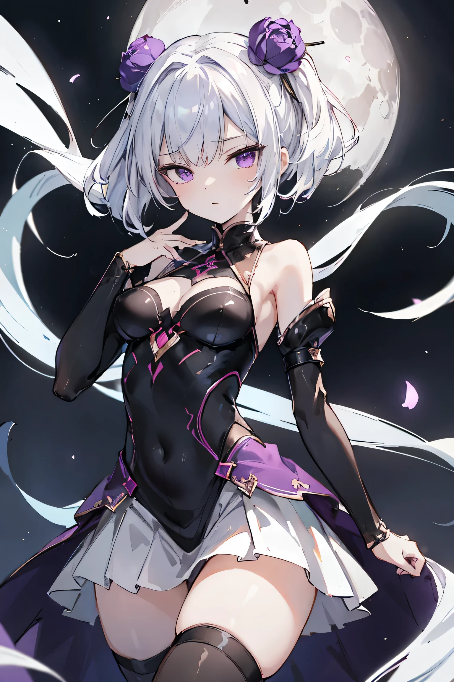 1girl, anime, cute girl, blank background, white background, fantasy, detailed fantasy dress with highlights, beautiful face, beautiful eyes, dark colors, black hair with multicolor streaks, red eye with different color pupil in eye, multicolor eye, medium breasts, slight cleavage, beautiful skin, cute, breast curtains, extremely delicate and beautiful, (beautiful detailed face:1.0), (detailed deep eyes), symmetrical breasts, deep eyes, shiny skin, portrait, slender waist, hips wider than shoulders, thighs, expressionless, young girl, luminous eyes, adorable,(Kpop idol),(aegyo sal:1),(Platinum blonde hair:1),((puffy eye)),Black panty,sexy posture,Superskirt, Ultra-high resolution,Black collar,slim figure, Abdominal y tattoo, womb tattoo,Tight-fitting leg ring,y tattoo on half-body,Bare skin, Armored hand,Hidden fingertips,Hand covered,Arm covered,Fist covered,{{beautiful detailed fingers}}, tufts of hair, moderate beautiful breast:1.0,(masterpiece:1.2), best quality, high-res, HDR, perfect face, intricate armor, delicate blue filigree, intricate filigree, red metalic parts, detailed part, dynamic pose, dynamic lights, cute face, neutral expression, shuimobysim, lotus, hanfu, maxi skirt, dress conservatively 1girl, solo, long blue hair, standing, One lady,14years,((White hair) ,((Normal breasts)), (Shiny purple bodysuit with microskirt),((Fantasy, Moon Night))