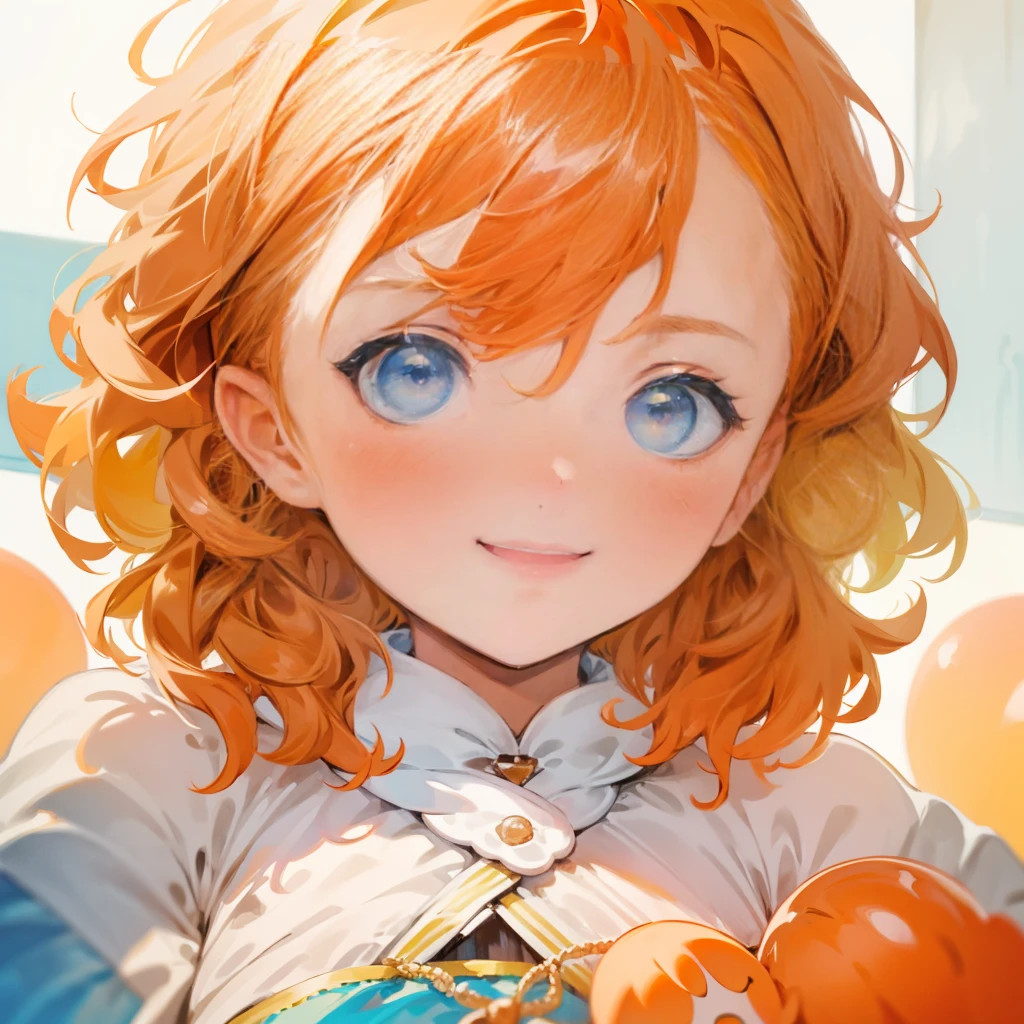 2kid,is curly short orange hair,blue eyes,cute smile,tiny,cute,masterpiece,soft light,8k,pixive