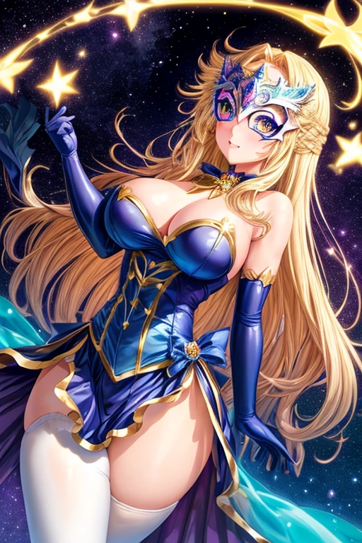 magical girl with large_breasts flying in the luminous magical background, magical effect around torso, cowboy shot, 1girl, solo, (masquerade mask), magical girl, cape, pantyhose, elbow long gloves, young adult, blonde gorgeous hair, luminous hair, large_breasts, large hips,