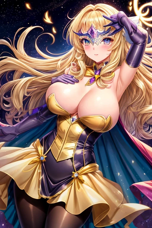 magical girl with large_breasts flying in the luminous magical background, magical effect around torso, cowboy shot, 1girl, solo, (masquerade mask), magical girl, cape, pantyhose, elbow long gloves, young adult, blonde gorgeous hair, luminous hair, large_breasts, large hips,