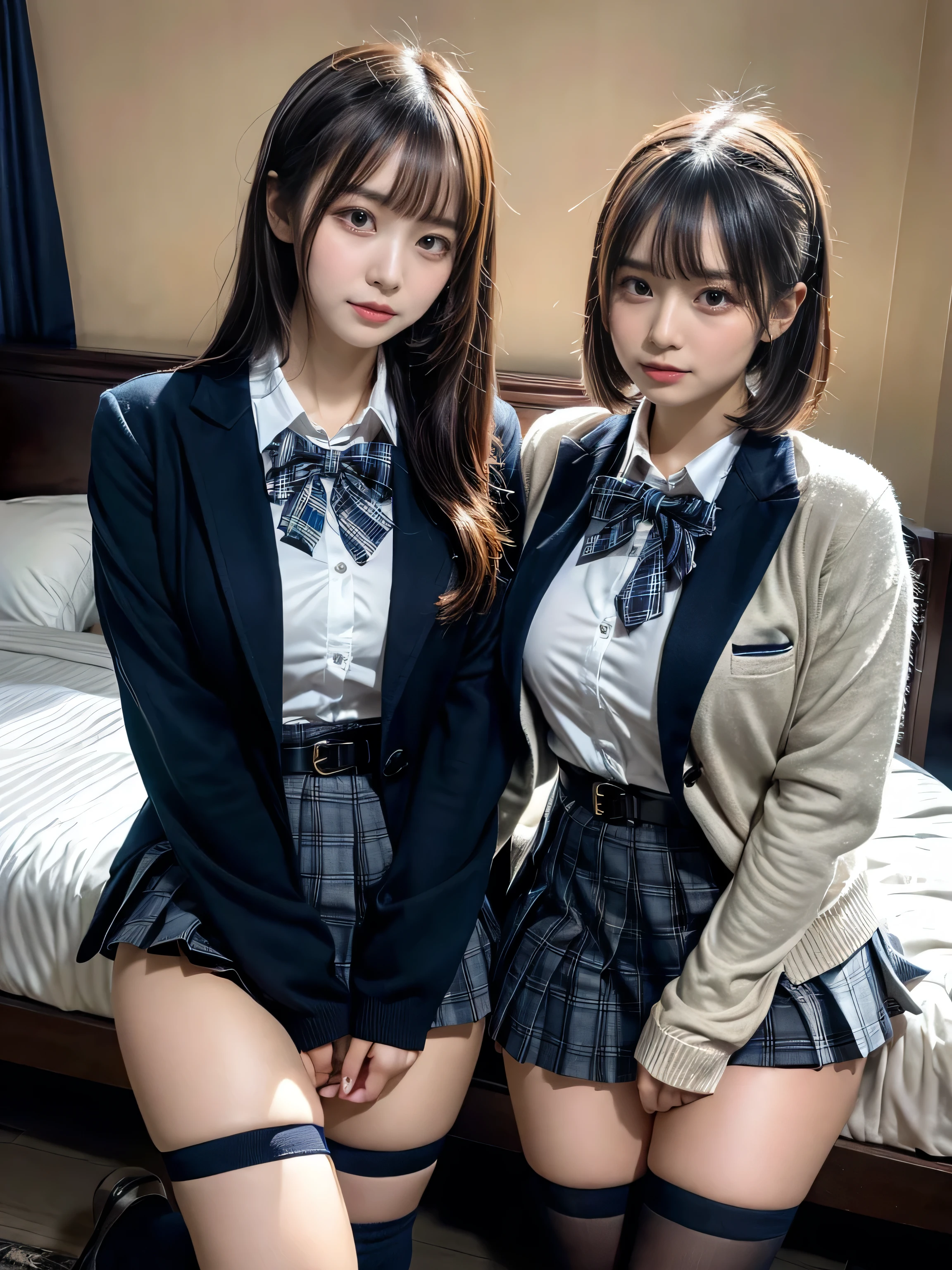 (8K, Raw photography, top-quality, masterpiece:1.2), muster piece, best quality, illustration, Super detailed, fine details, High resolution, 8K,wall paper, perfect dynamic composition,(Details High quality, realistic depiction of eyes:1.3), ((2 girls, 2 schoolgirls)), The background is a luxury hotel room、High school girl uniform、blazer 、Super Short Check Uniform Skirt、Navy blue high socks、garterbelts、Colossal tits、Disturbed uniform, Play with each other,Touching each other's bodies,Touching the body of the girl next door, short bob hair, black hair color, huge breasts, Big Natural Color Lip, bold sexy pose, (perfect body shape), crying a little、cold gaze, Harajuku style、Beautiful makeup,glitter makeup,Cutest 18 years old、 beautiful legs, hposing Gravure Idol, Voluptuous thighs