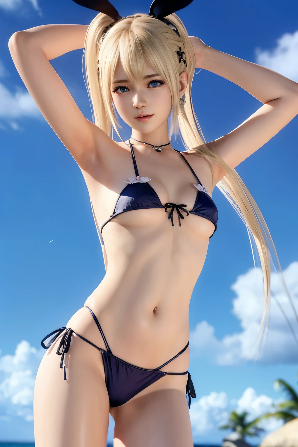(Marie Rose with a very young face), ツインテールの髪と髪に花をつけたanimeの女の子, (Bikini too small), Spectacular sandy beach、photorealistic anime girl render, photorealistic anime, hyper realistic anime, Pussy Line、(Underboob:1.3),Blonde pubic hair,anime. Soft lighting, Soft Portrait Shot 8k, realistic anime art style, 3 d anime realistic, 8K Art Jam Bokeh, anime realism style, Cute realistic portrait, beautiful anime portrait、very thin body、Very short、sfw