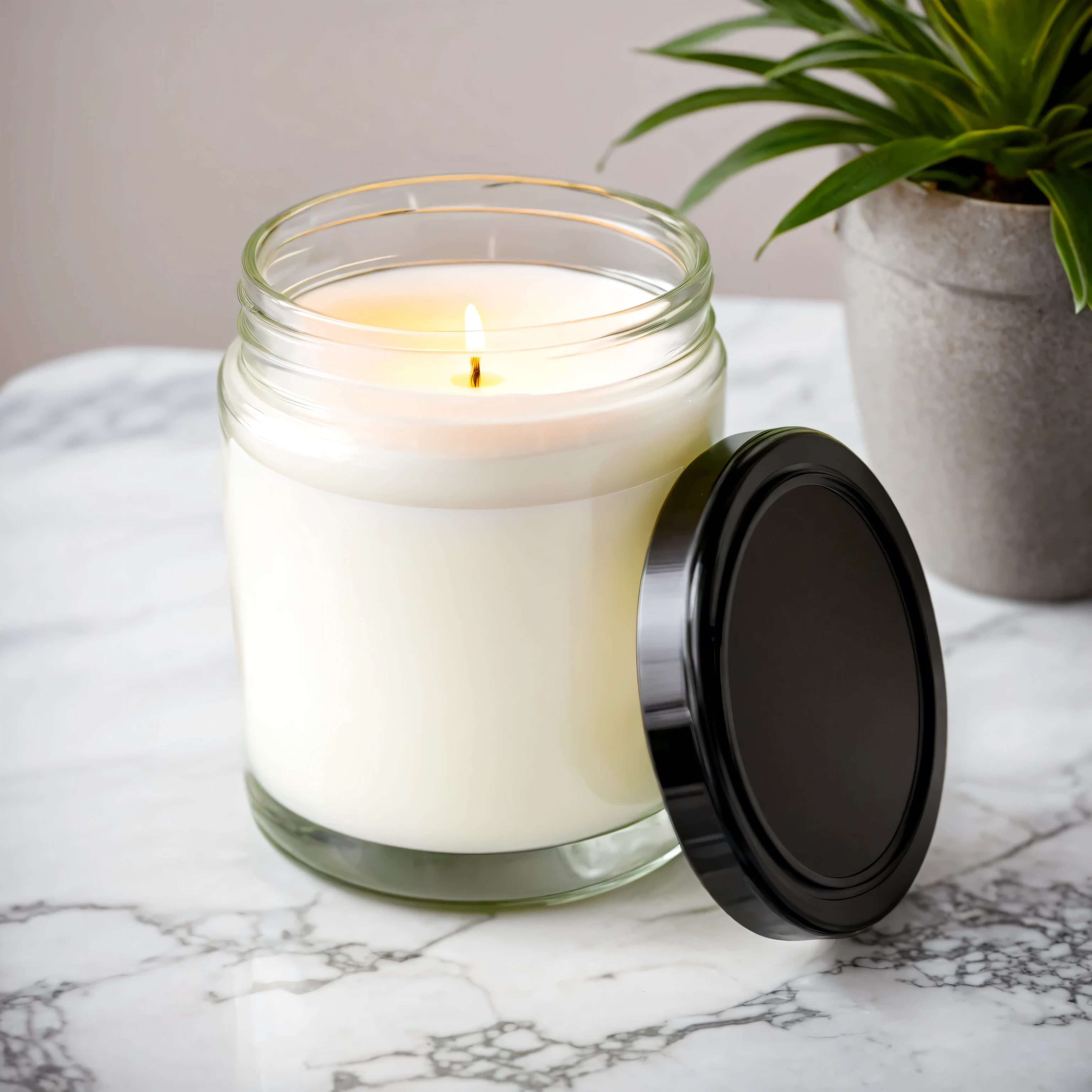 small candle in a jar with white label and black lid, standing on a marble table in contemporary style living room, house plants, daylight, professional, a7s camera, 50mm lens, macro, shallow depth of field