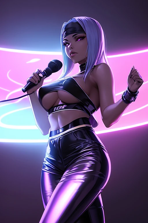 A futuristic android woman with sleek metallic skin and minimal clothing, posing seductively in a neon-lit room.
As the moonless night enveloped the stage, a stunning woman took the mic and began to rap. The moonlight reflected off her silhouette, adding an ethereal glow to her performance. Her baggy Dickies pants and white t-shirt were the perfect contrast to her fierce rhymes. And the black bandana tied around her waist completed her look as the ultimate homie chika gang rapper.