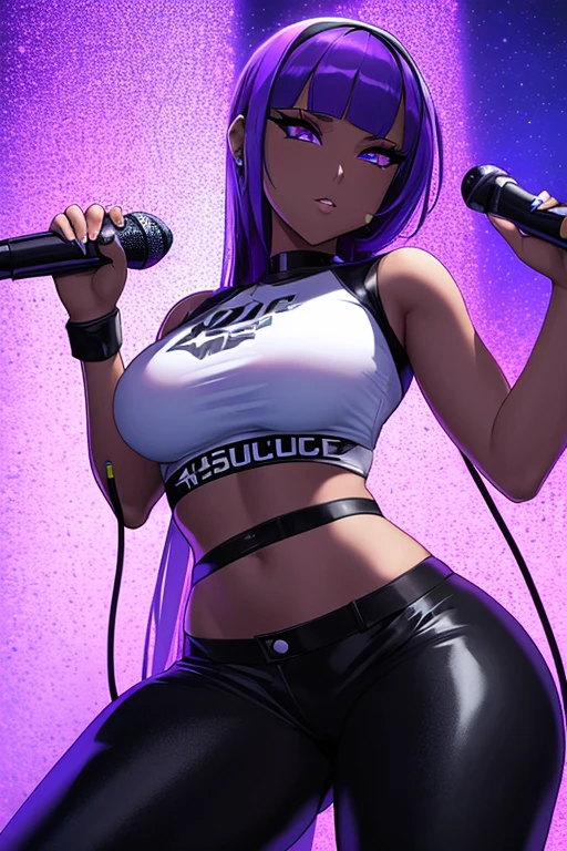 A futuristic android woman with sleek metallic skin and minimal clothing, posing seductively in a neon-lit room.
As the moonless night enveloped the stage, a stunning woman took the mic and began to rap. The moonlight reflected off her silhouette, adding an ethereal glow to her performance. Her baggy Dickies pants and white t-shirt were the perfect contrast to her fierce rhymes. And the black bandana tied around her waist completed her look as the ultimate homie chika gang rapper.