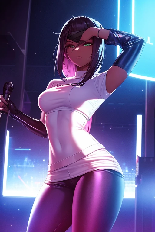 A futuristic android woman with sleek metallic skin and minimal clothing, posing seductively in a neon-lit room.
As the moonless night enveloped the stage, a stunning woman took the mic and began to rap. The moonlight reflected off her silhouette, adding an ethereal glow to her performance. Her baggy Dickies pants and white t-shirt were the perfect contrast to her fierce rhymes. And the black bandana tied around her waist completed her look as the ultimate homie chika gang rapper.