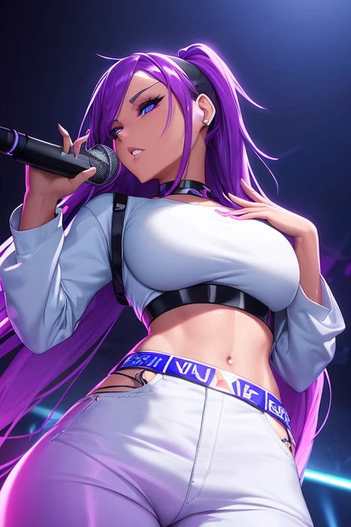 A futuristic android woman with sleek metallic skin and minimal clothing, posing seductively in a neon-lit room.
As the moonless night enveloped the stage, a stunning woman took the mic and began to rap. The moonlight reflected off her silhouette, adding an ethereal glow to her performance. Her baggy Dickies pants and white t-shirt were the perfect contrast to her fierce rhymes. And the black bandana tied around her waist completed her look as the ultimate homie chika gang rapper.