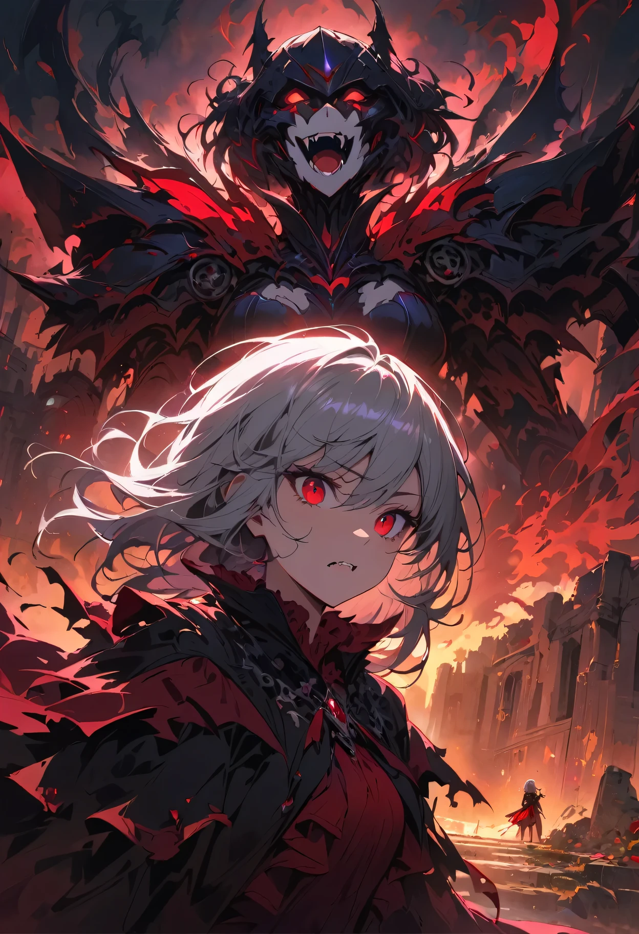 (Photo of two girls vampire robots),Blood-red eyes,intense expression,Metal skin,shining armor,dark gothic atmosphere,haunting background,sharp fangs,Glowing robot parts,mysterious aura,gears and gears,ethereal beauty,silver hair,cybernetic enhancement,night setting,dark shadow,ancient ruins,best quality,4K,Super detailed,actual,fear,Dark red color palette,dramatic lighting,unforgettably beautiful.