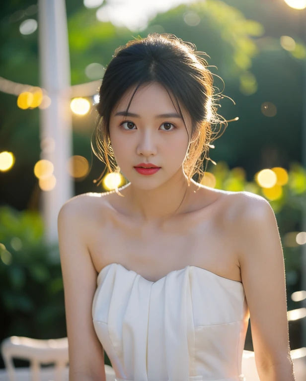 (sweat:0.7),Light yellow wedding dress,white short skirt,woman,vietnamese ,exquisite face, beautiful face,bare shoulders,shoulders slightly exposed,translucent skin,black eyes,black hair,(photorealistic:1.4),realistic details, high resolution,bokeh,outstanding details