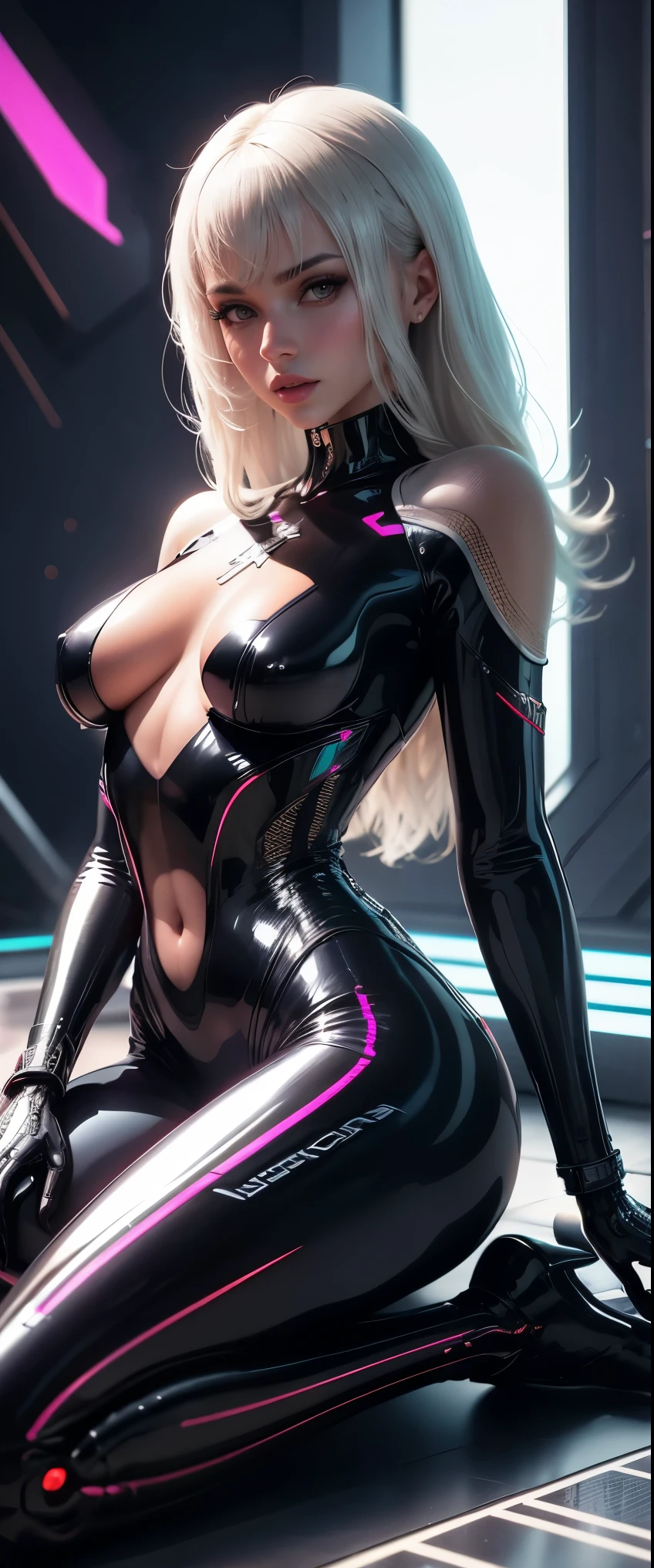 Alafia sits cross-legged on the floor, On models. high resolution, Futuristic Glossy Latex Suit, Black latex sculpture, Ultra-fine women, Female body, wlop shiny skin, Futuristic body, Network Service, Women in Science Fiction, female body, Cyberpunk glossy latex set, On models. high quality