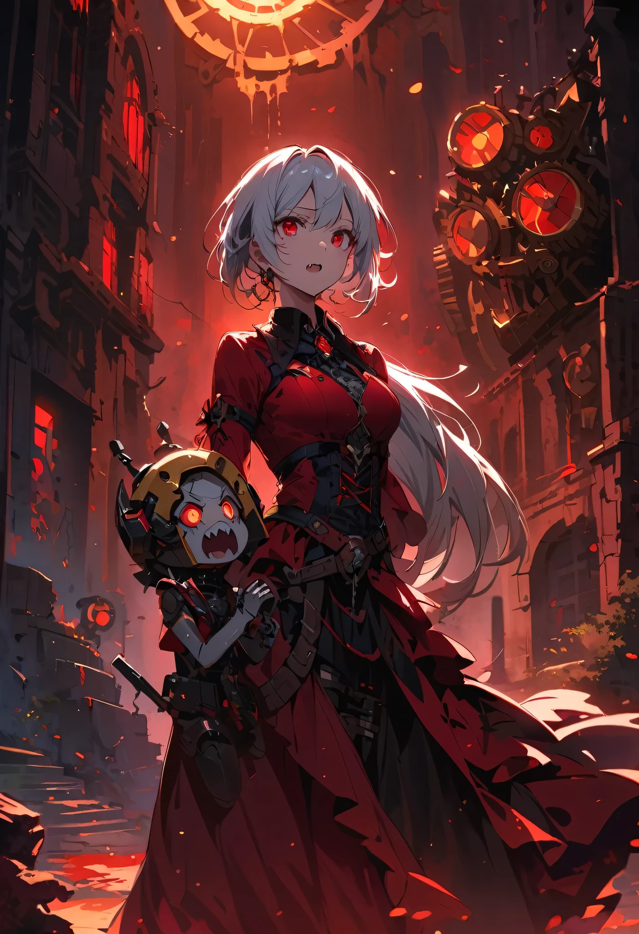 (Photo of two girl vampire robots),Blood red eyes,Intense expression,metal skin,Shining Armor,Dark gothic atmosphere,Unforgettable background,Sharp fangs,Illuminated parts,Mysterious atmosphere,Gears and cogs,Ethereal Beauty,Silver Hair,Cybernetic enhancement,Nighttime Settings,Dark Shadows,Ancient ruins,best quality,4k,Extremely detailed,Practical,fear,Dark red color palette,Dramatic Lighting,unforgettably beautiful.