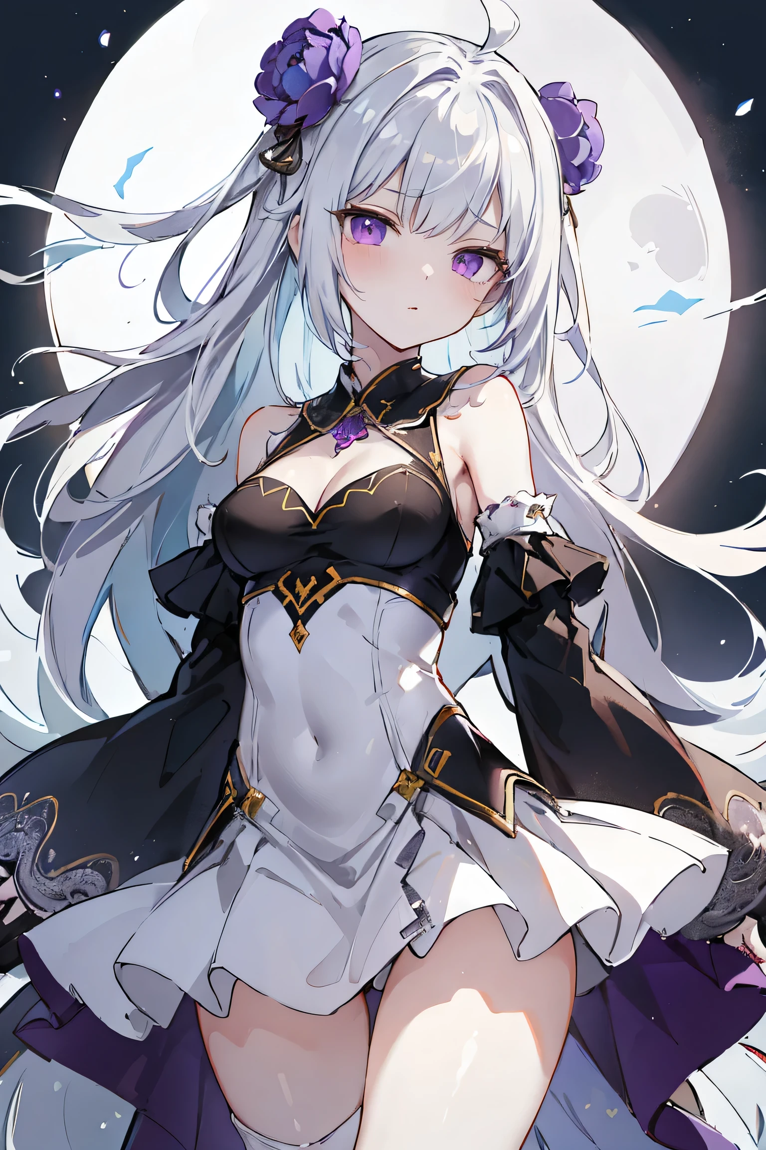 1girl, anime, cute girl, blank background, white background, fantasy, detailed fantasy dress with highlights, beautiful face, beautiful eyes, dark colors, black hair with multicolor streaks, red eye with different color pupil in eye, multicolor eye, medium breasts, slight cleavage, beautiful skin, cute, breast curtains, extremely delicate and beautiful, (beautiful detailed face:1.0), (detailed deep eyes), symmetrical breasts, deep eyes, shiny skin, portrait, slender waist, hips wider than shoulders, thighs, expressionless, young girl, luminous eyes, adorable,(Kpop idol),(aegyo sal:1),(Platinum blonde hair:1),((puffy eye)),Black panty,sexy posture,Superskirt, Ultra-high resolution,Black collar,slim figure, Abdominal y tattoo, womb tattoo,Tight-fitting leg ring,y tattoo on half-body,Bare skin, Armored hand,Hidden fingertips,Hand covered,Arm covered,Fist covered,{{beautiful detailed fingers}}, tufts of hair, moderate beautiful breast:1.0,(masterpiece:1.2), best quality, high-res, HDR, perfect face, intricate armor, delicate blue filigree, intricate filigree, red metalic parts, detailed part, dynamic pose, dynamic lights, cute face, neutral expression, shuimobysim, lotus, hanfu, maxi skirt, dress conservatively 1girl, solo, long blue hair, standing, One lady,years,((White hair) ,((Normal breasts)), (Shiny purple bodysuit with microskirt),((Fantasy, Moon Night))