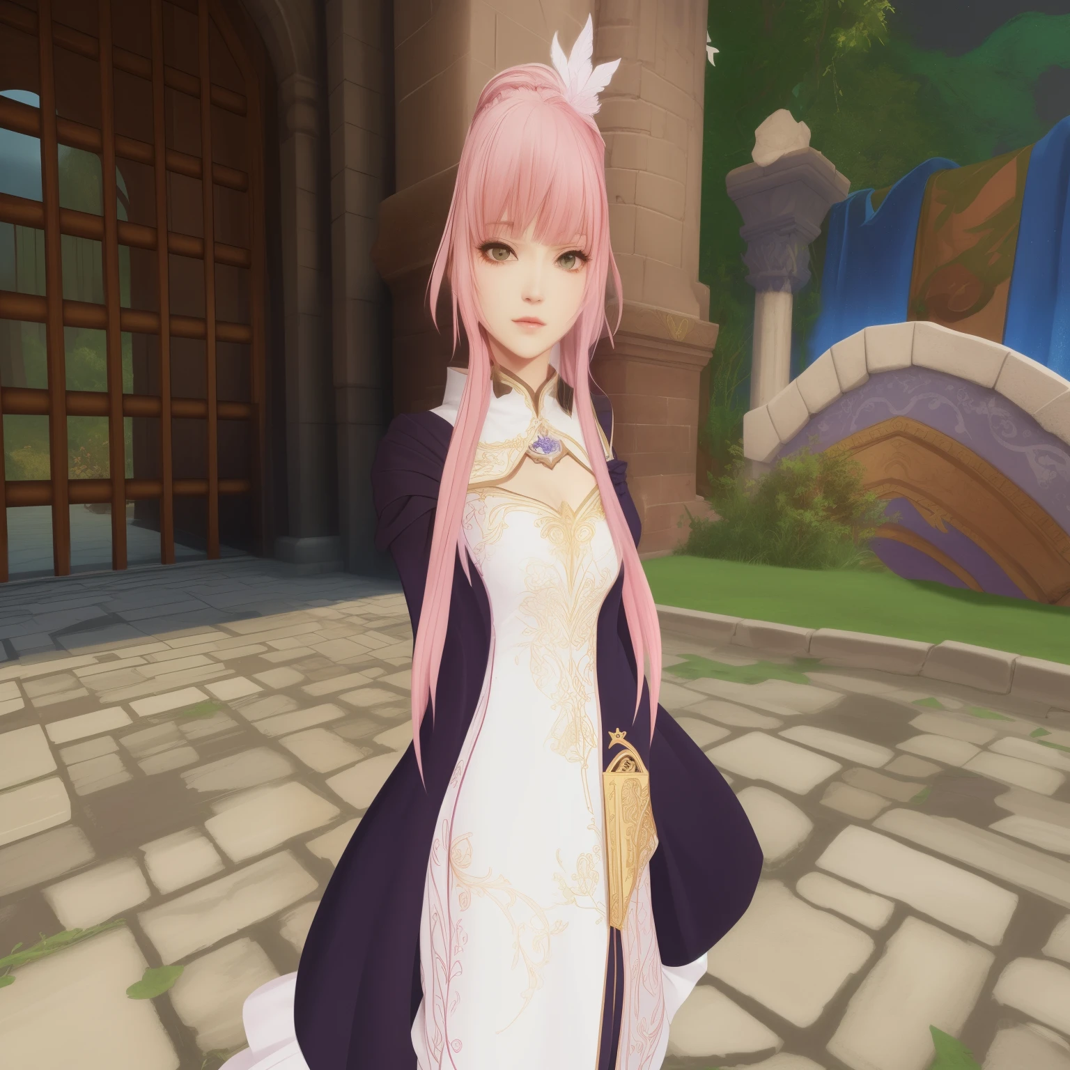 um close up de uma pessoa em um vestido e um vestido, traje ornamentado, vestindo roupas formais de fantasia, vestindo costelas douradas, deusa dos animes, dressed like a clergyman, waifu de anime fofo em um lindo vestido, pose modesta, holding a pose modesta, cotton cloud wizard robes, mmo, mulher mesmer sedutora, ((vestindo manto aristocrata))