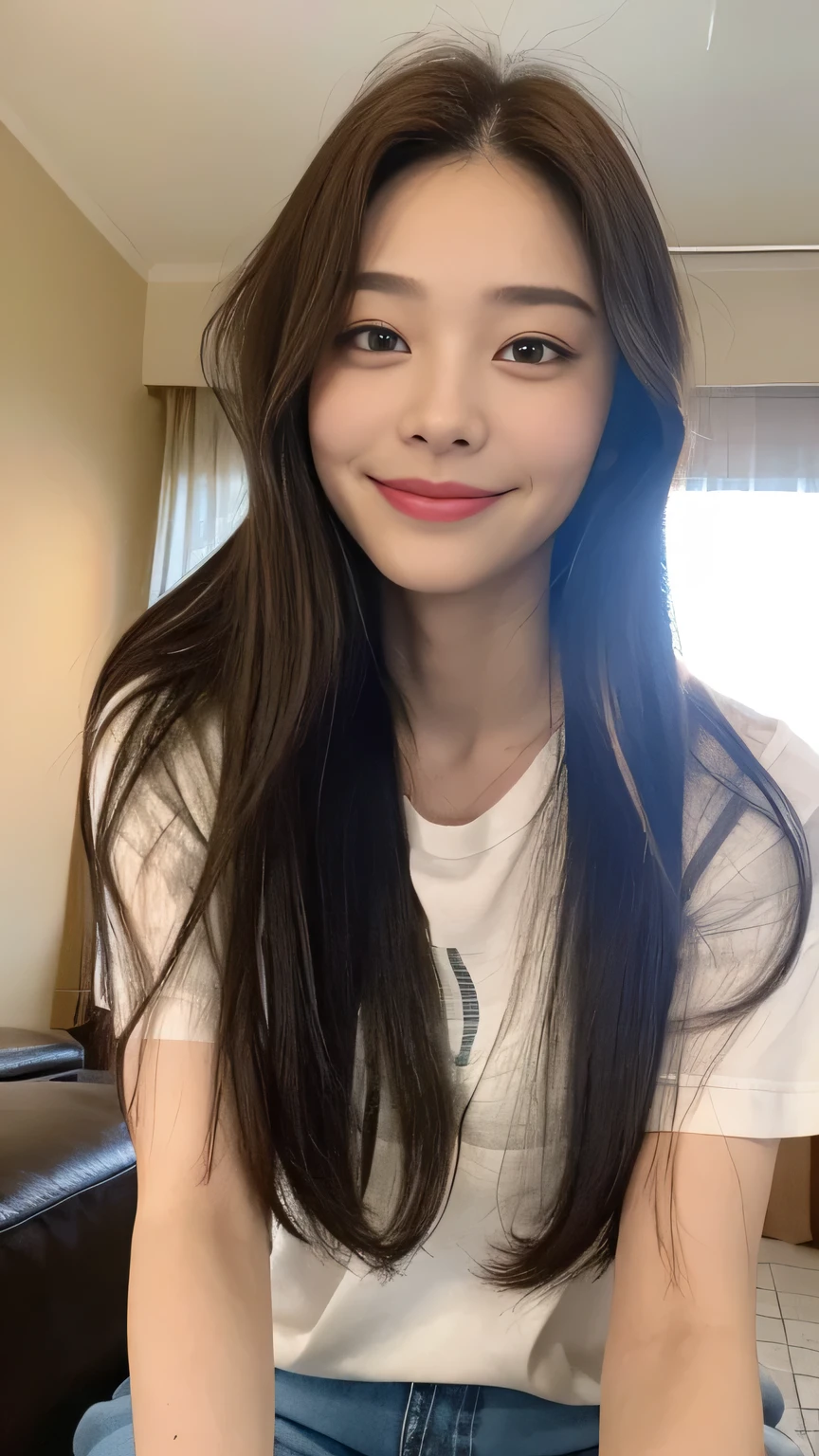 Full body angle、((highest quality, 8K, masterpiece:1.3)), concentrated:1.2, Perfect body beauty:1.4, Hips:1.2, ((Delicate Hair)), (Colorful T-shirts、Shorts、pajamas、 :1.1) , ((highest quality、8K、masterpiece:1.3))、1 Girl、A sloppy smile、Esbian all over、Slim face、Big 、Beautiful woman、(Dark Brown Hair)、Long Hair、1.1、Flickering Valley、Detailed eyes、double eyelid、Blurred Background、超Slim face、Smile、Looking down、