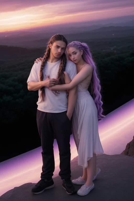 (Couple pose) Man next to alluring (cryptic girl) with gradient white purple braided hair  beautiful face (Jinx), outdoors, sunset, sky, clouds, space, 