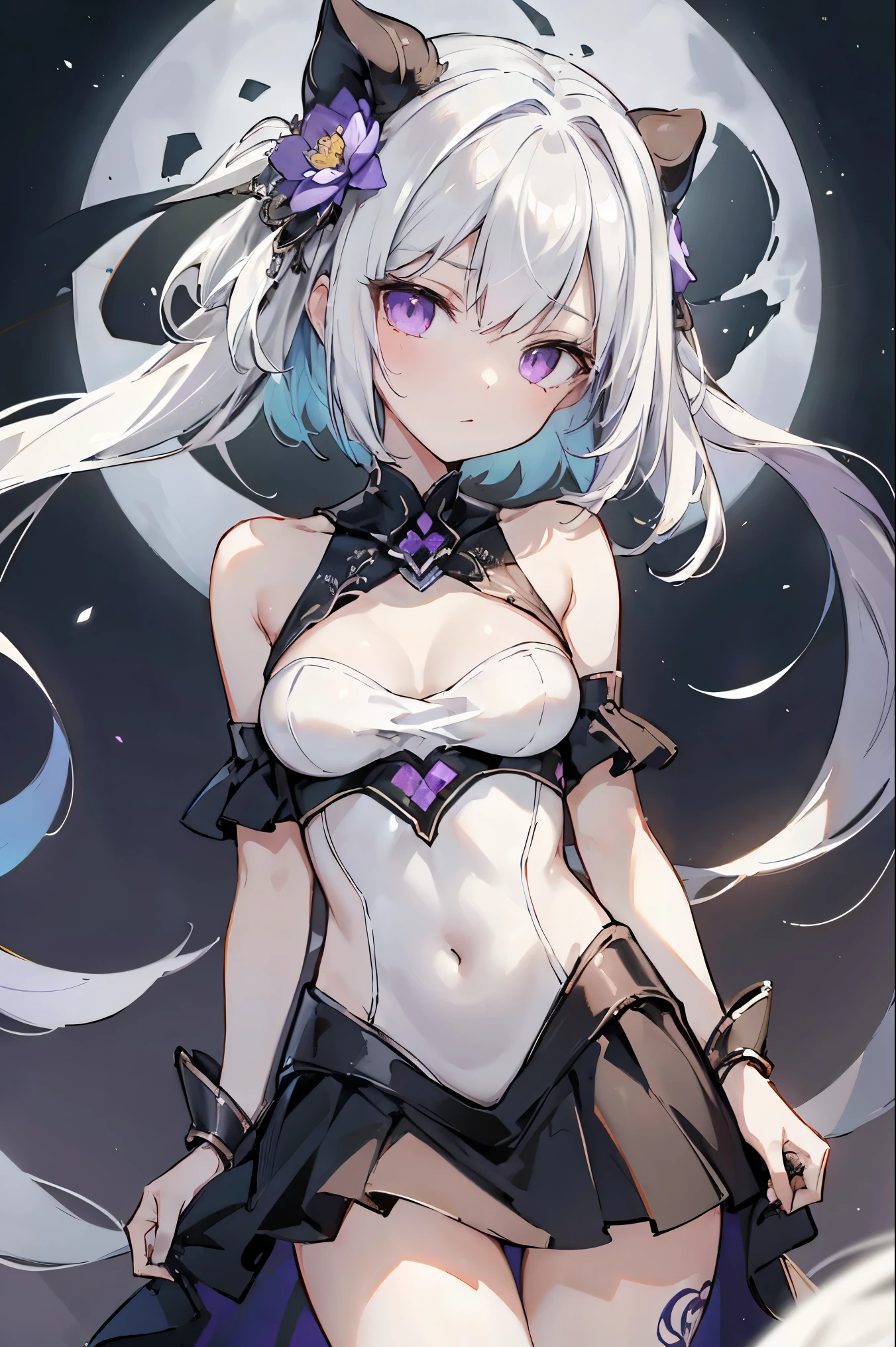 1girl, anime, cute girl, blank background, white background, fantasy, detailed fantasy dress with highlights, beautiful face, beautiful eyes, dark colors, black hair with multicolor streaks, red eye with different color pupil in eye, multicolor eye, medium breasts, slight cleavage, beautiful skin, cute, breast curtains, extremely delicate and beautiful, (beautiful detailed face:1.0), (detailed deep eyes), symmetrical breasts, deep eyes, shiny skin, portrait, slender waist, hips wider than shoulders, thighs, expressionless, young girl, luminous eyes, adorable,(Kpop idol),(aegyo sal:1),(Platinum blonde hair:1),((puffy eye)),Black panty,sexy posture,Superskirt, Ultra-high resolution,Black collar,slim figure, Abdominal y tattoo, womb tattoo,Tight-fitting leg ring,y tattoo on half-body,Bare skin, Armored hand,Hidden fingertips,Hand covered,Arm covered,Fist covered,{{beautiful detailed fingers}}, tufts of hair, moderate beautiful breast:1.0,(masterpiece:1.2), best quality, high-res, HDR, perfect face, intricate armor, delicate blue filigree, intricate filigree, red metalic parts, detailed part, dynamic pose, dynamic lights, cute face, neutral expression, shuimobysim, lotus, hanfu, maxi skirt, dress conservatively 1girl, solo, long blue hair, standing, One lady,14years,((White hair) ,((Normal breasts)), (Shiny purple bodysuit with microskirt),((Fantasy, Moon Night))