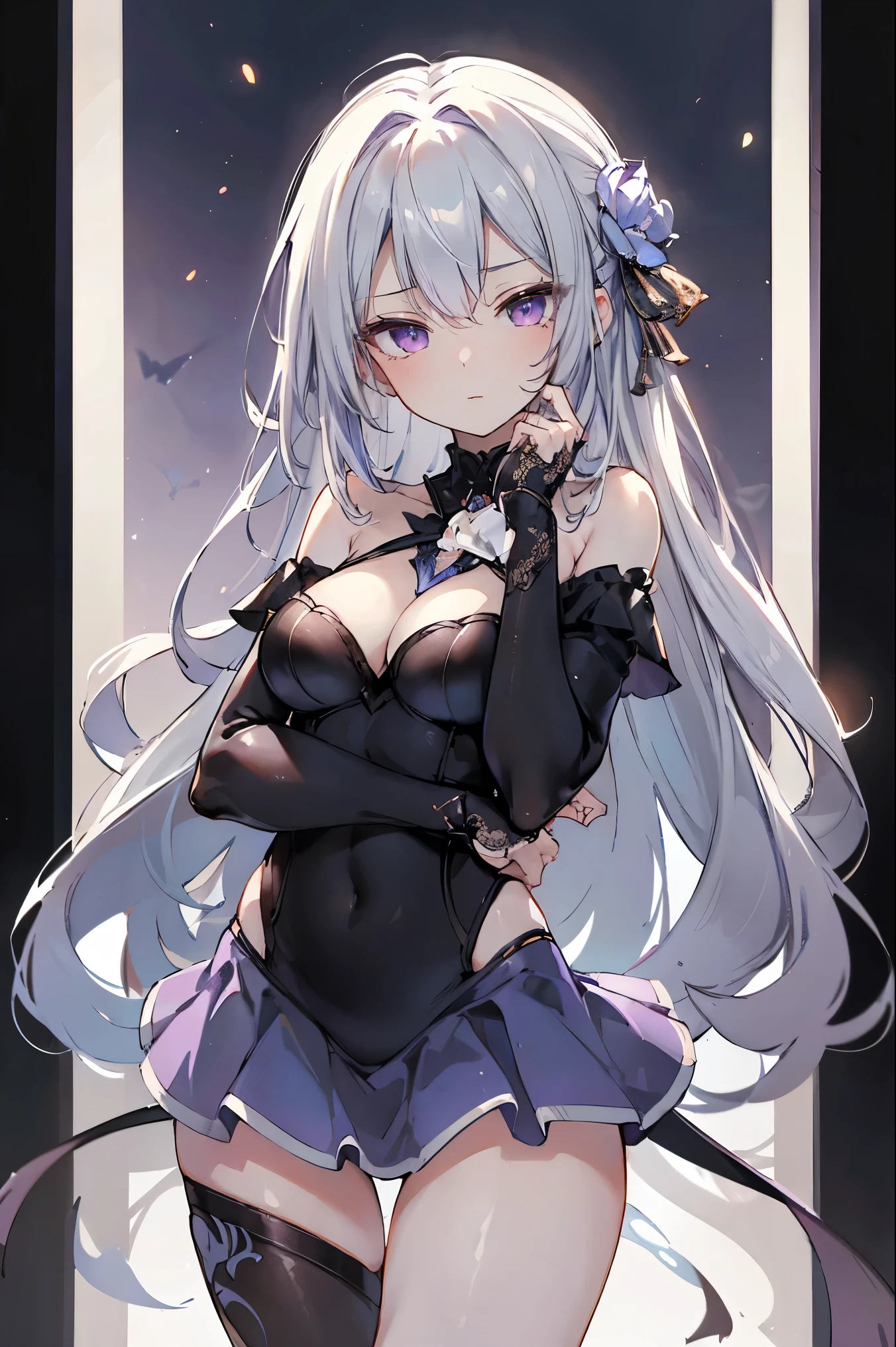 1girl, anime, cute girl, blank background, white background, fantasy, detailed fantasy dress with highlights, beautiful face, beautiful eyes, dark colors, black hair with multicolor streaks, red eye with different color pupil in eye, multicolor eye, medium breasts, slight cleavage, beautiful skin, cute, breast curtains, extremely delicate and beautiful, (beautiful detailed face:1.0), (detailed deep eyes), symmetrical breasts, deep eyes, shiny skin, portrait, slender waist, hips wider than shoulders, thighs, expressionless, young girl, luminous eyes, adorable,(Kpop idol),(aegyo sal:1),(Platinum blonde hair:1),((puffy eye)),Black panty,sexy posture,Superskirt, Ultra-high resolution,Black collar,slim figure, Abdominal y tattoo, womb tattoo,Tight-fitting leg ring,y tattoo on half-body,Bare skin, Armored hand,Hidden fingertips,Hand covered,Arm covered,Fist covered,{{beautiful detailed fingers}}, tufts of hair, moderate beautiful breast:1.0,(masterpiece:1.2), best quality, high-res, HDR, perfect face, intricate armor, delicate blue filigree, intricate filigree, red metalic parts, detailed part, dynamic pose, dynamic lights, cute face, neutral expression, shuimobysim, lotus, hanfu, maxi skirt, dress conservatively 1girl, solo, long blue hair, standing, One lady,14years,((White hair) ,((Normal breasts)), (Shiny purple bodysuit with microskirt),((Fantasy, Moon Night))