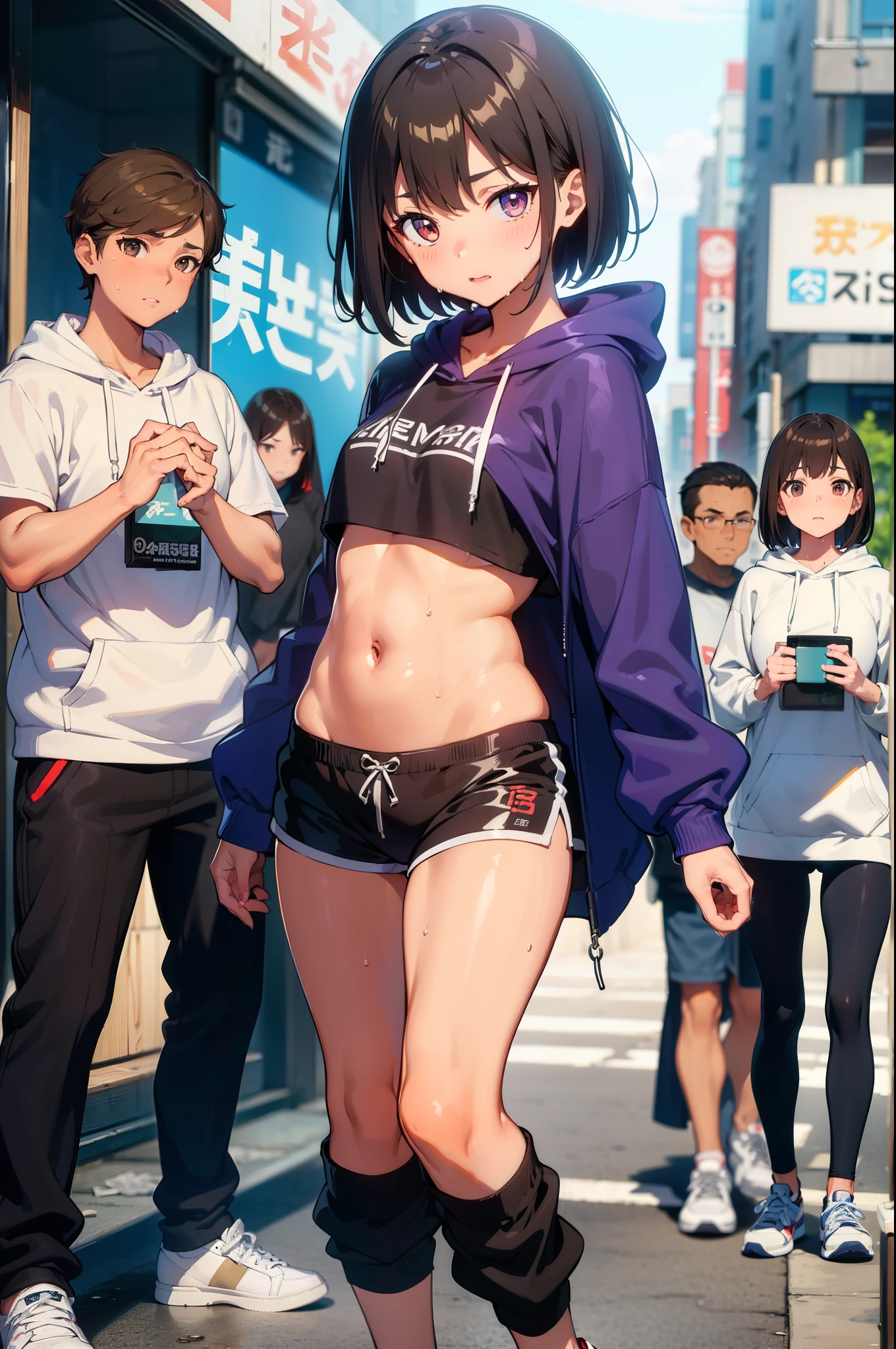 (masterpiece, best quality:1.2), nsfw, (1girl, solo), 18years old, (dark brown hair, short bob hair, bangs), medium breasts, slender body, small head:1.3, skinny, (oily skin, gleaming skin, shiny skin, sweat:1.3), (dancing:1.5), ((HIP-HOP style, hoodie sweat shirt, crop top, navel, micro shorts, sneaker shoes)), Tokyo Shibuya street, (crowd:1.1)
