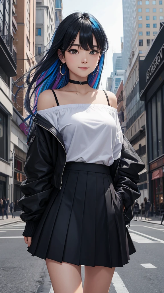 1girl, black_skirt, blue_hair, building, city, cityscape, hair_between_eyes, jacket, looking_at_viewer, medium_hair, multicolored_hair, multiple_boys, night, off_shoulder, outdoors, pleated_skirt, road, shirt, skirt, skyscraper, smile, solo_focus, street, white_shirt
