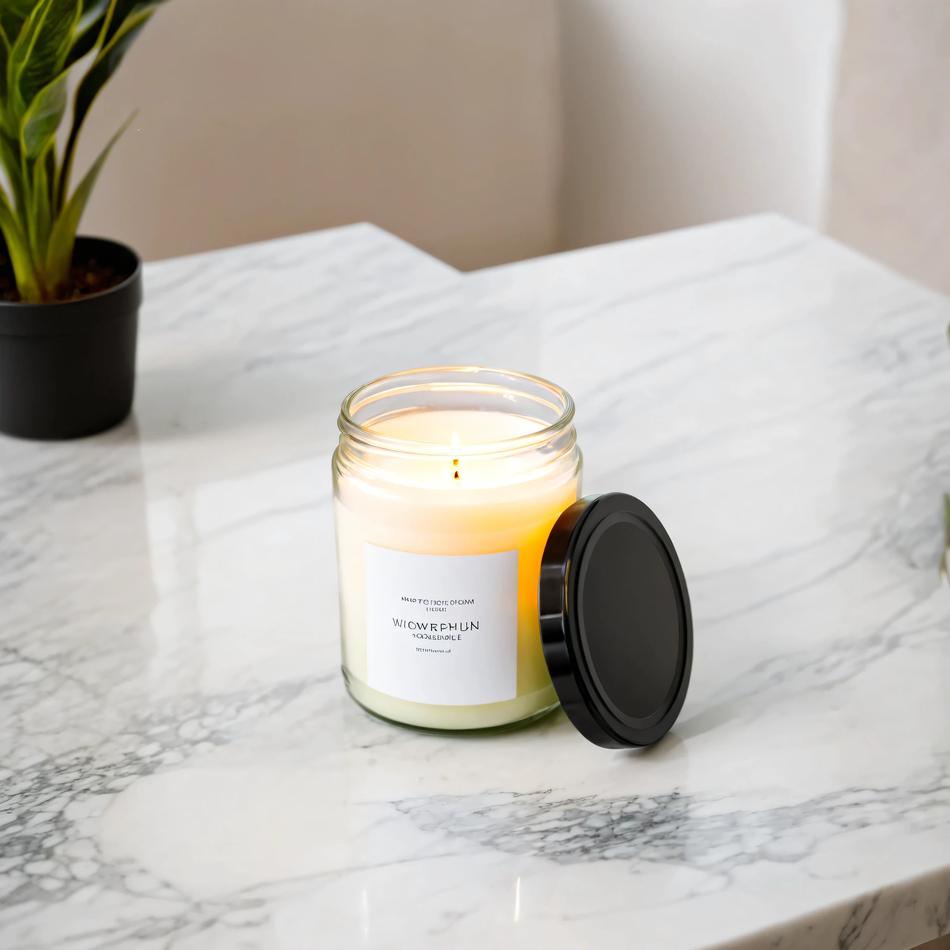 small candle in a jar with white label and black lid, standing on a marble table in contemporary style living room, house plants, daylight, professional, a7s camera, 50mm lens, macro, shallow depth of field
