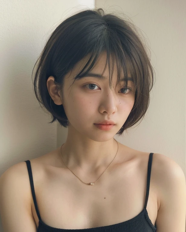 (very realistic photo, concentrated、High resolution, detailed face, fine eyes), ((Taken in front of a white wall))、japanese woman, 20-year-old, various expressions, Upper body、alone:1, slim body shape, various hairstyles,black sheer tops、Only one person is in the photo、Photographed in natural light、simple necklace、bob hair、shortcut、looking at the camera
