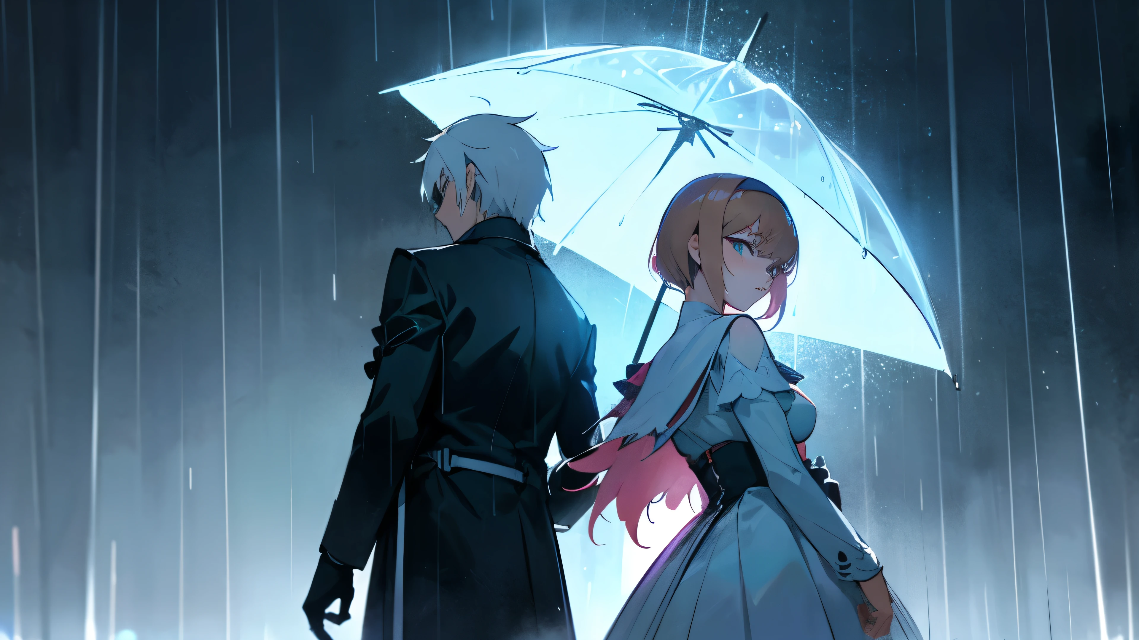 (Anime man and woman standing back to back),(Delicate colors),(rain:1.2), ,rain sky,Looking up at the sky, Delta Shade