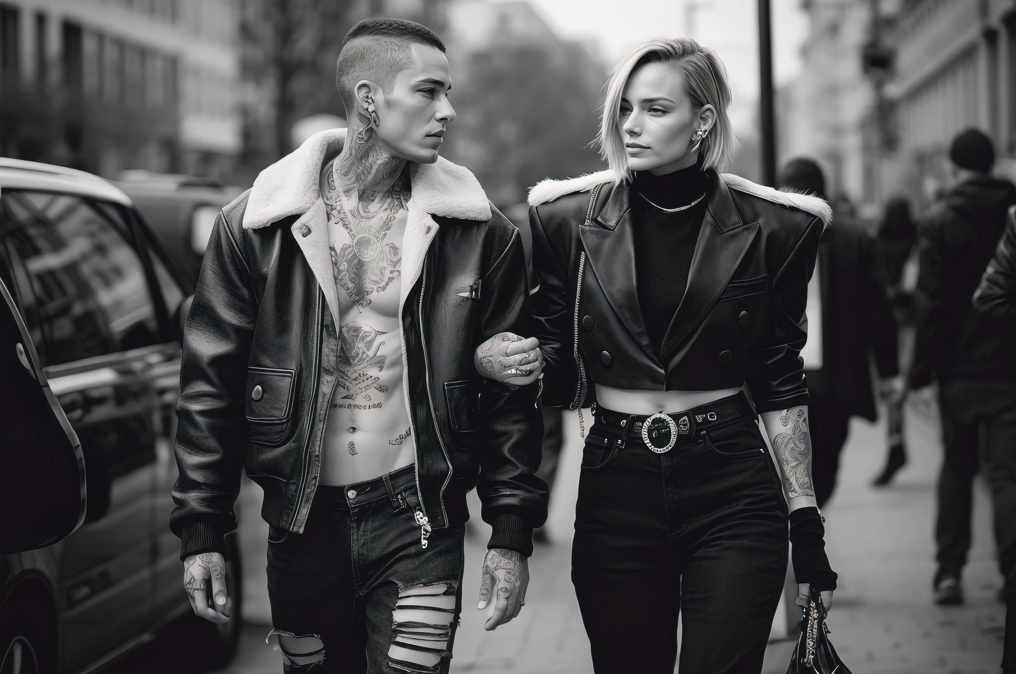 A candid street fashion photo in black and white captures two models walking side by side in the city of Berlin. The male model has numerous tattoos, wears a leather jacket with a fur collar, and a pair of ripped jeans. The female model also sports tattoos, donning a stylish blazer with shoulder pads, a black turtleneck, and high-waisted pants. The photo is reminiscent of The Sartorialist's style, capturing the edgy, urban fashion scene in a candid and authentic manner.