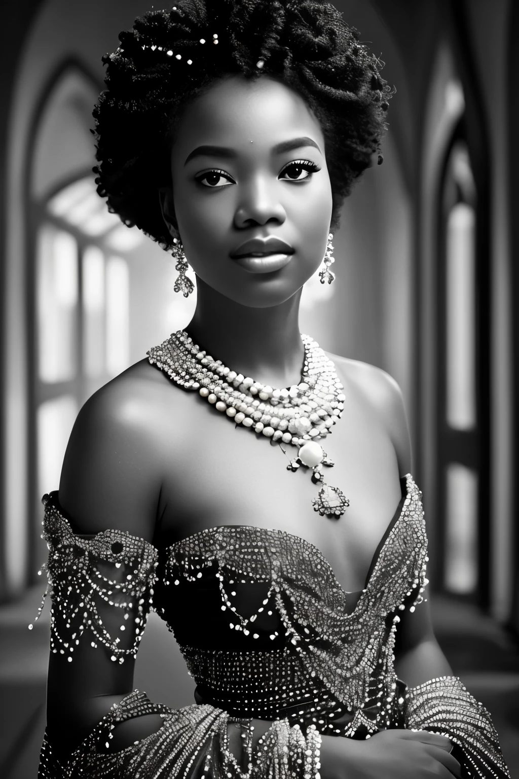 A captivating high-resolution wide-angle shot showcases a mesmerizing black woman adorned in a delicate pearl dress and matching pearl necklace, set against a dark room's backdrop. Sunlight, filtering through the holes in the walls and ventilators, casts a dramatic chiaroscuro lighting on her, creating a captivating cinematic imagery. The overall composition is toneful and moody, beautifully highlighting the pearls' luster and her enigmatic allure. This striking image, reminiscent of masterpiece photography, would fit perfectly as a high-quality stock photo or an award-winning CG Unity wallpaper, aesthetically appealing