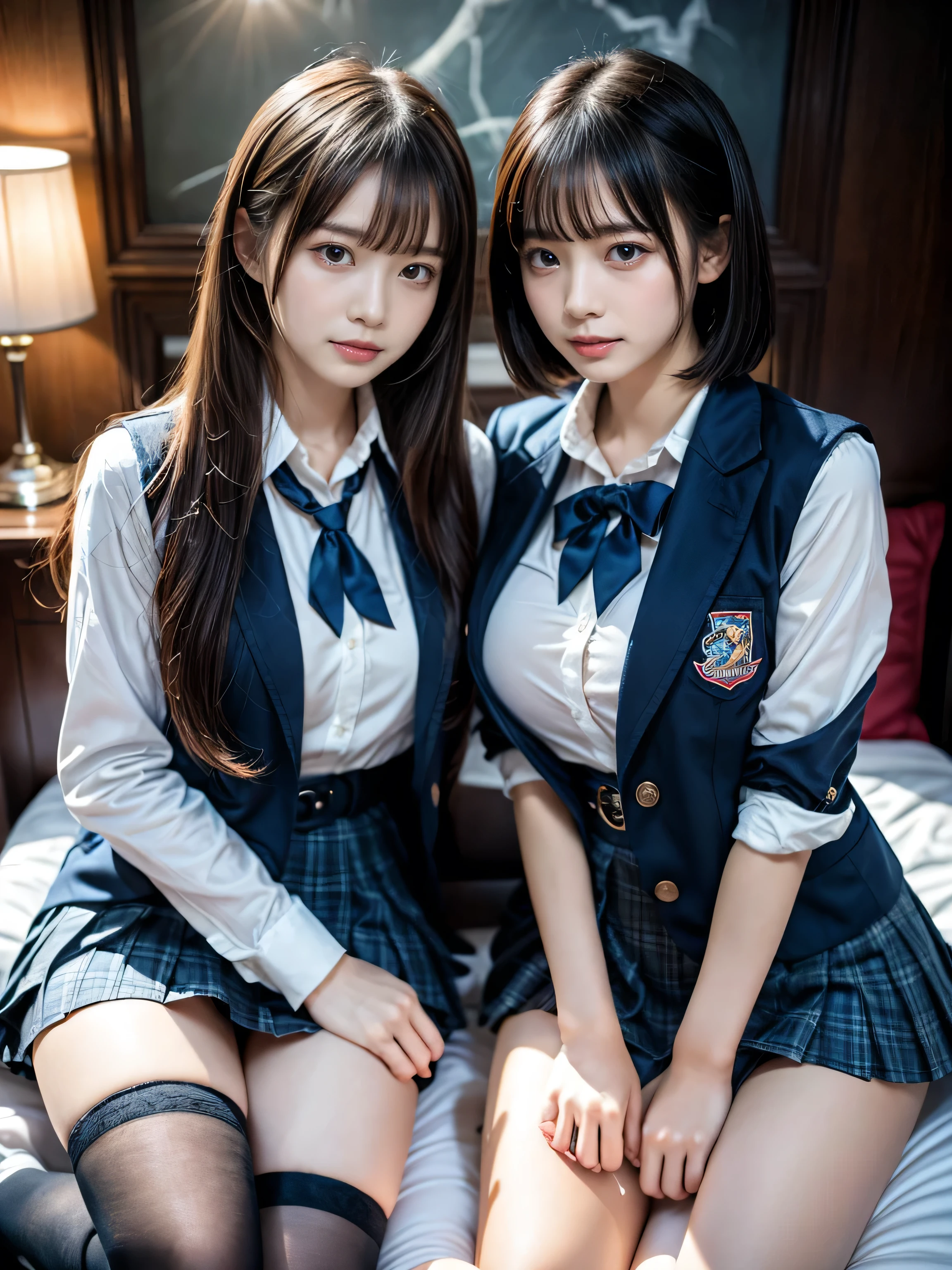 (8K, Raw photography, top-quality, masterpiece:1.2), muster piece, best quality, illustration, Super detailed, fine details, High resolution, 8K,wall paper, perfect dynamic composition,(Details High quality, realistic depiction of eyes:1.3), ((2 girls, 2 schoolgirls)), The background is a luxury hotel room、High school girl uniform、blazer 、Super Short Check Uniform Skirt、Navy blue high socks、garterbelts、Colossal tits、Disturbed uniform, Play with each other,Touching each other's bodies,Touching the body of the girl next door, short bob hair, black hair color, huge breasts, Big Natural Color Lip, bold sexy pose, (perfect body shape), crying a little、cold gaze, Harajuku style、Beautiful makeup,glitter makeup,Cutest 18 years old、 beautiful legs, hposing Gravure Idol, Voluptuous thighs