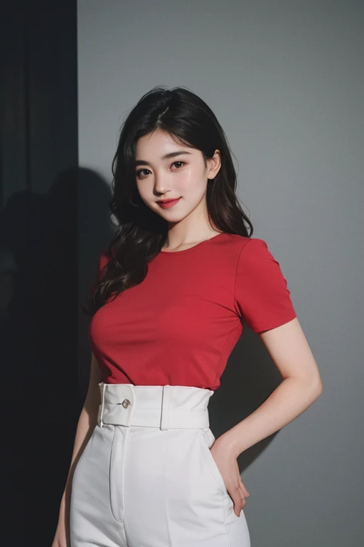 highest quality, masterpiece, Ultra-high resolution, (Realistic:1.5), RAW Photos, smile, rose red top, Bodyline、Hip, One Girl, Perfect fit, In the Dark, Deep Shadow, moderate, Cold Light, Sexy look
