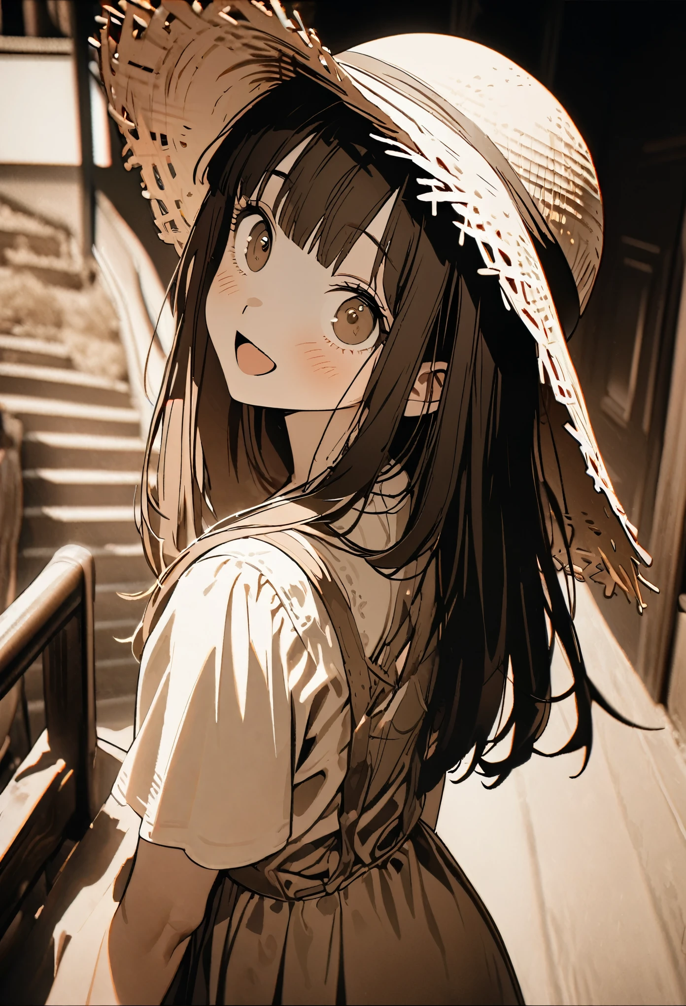 (8K, best quality, master piece: 1.2), super high resolution, ultra-detailed face, detailed eyes, (sepia-toned photograph), 1 cute girl, 14yo, back view,A Line dress,（Straw hat）, straight hair, long hair ,blunt bangs,happy,open mouth,standing on the stairs
